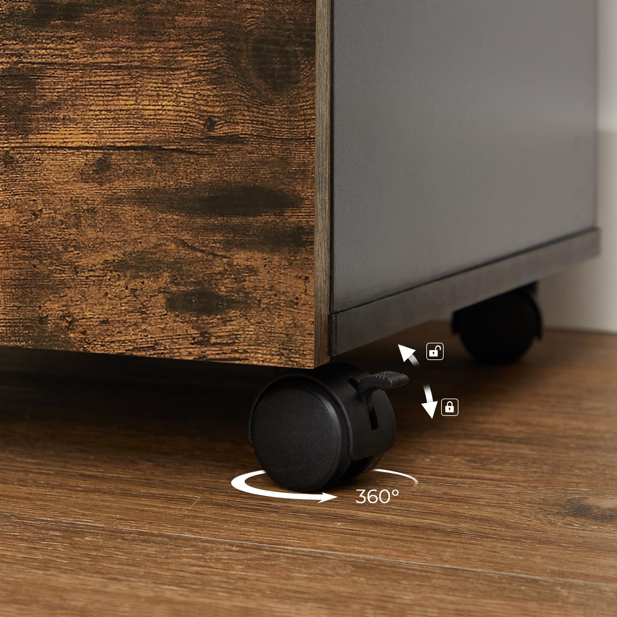VASAGLE Cassettiera a 2 cassetti, credenza su ruote, per documenti A4, cartelle sospese, stile industriale, marrone rustico e nero OFC040B01