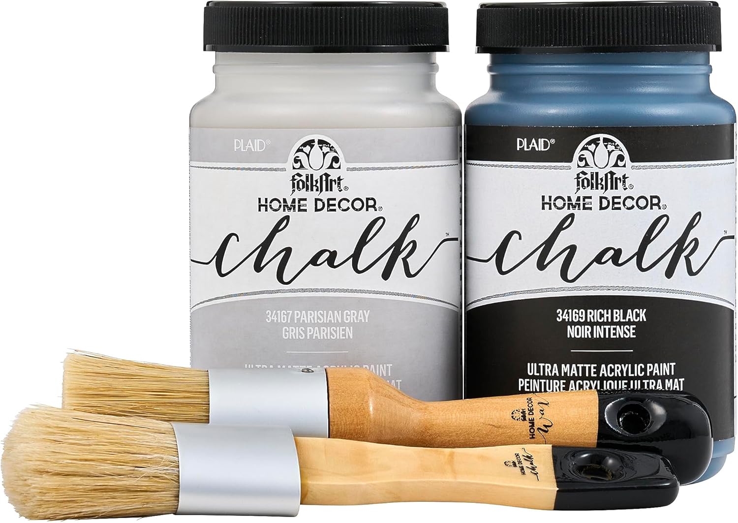 FolkArt Home Décor Chalk 8 fl oz Gray & Black Kit, Includes 2 Ultra Matte Acrylic Craft Paints and 2 Piece Combo Brush Set, 96418