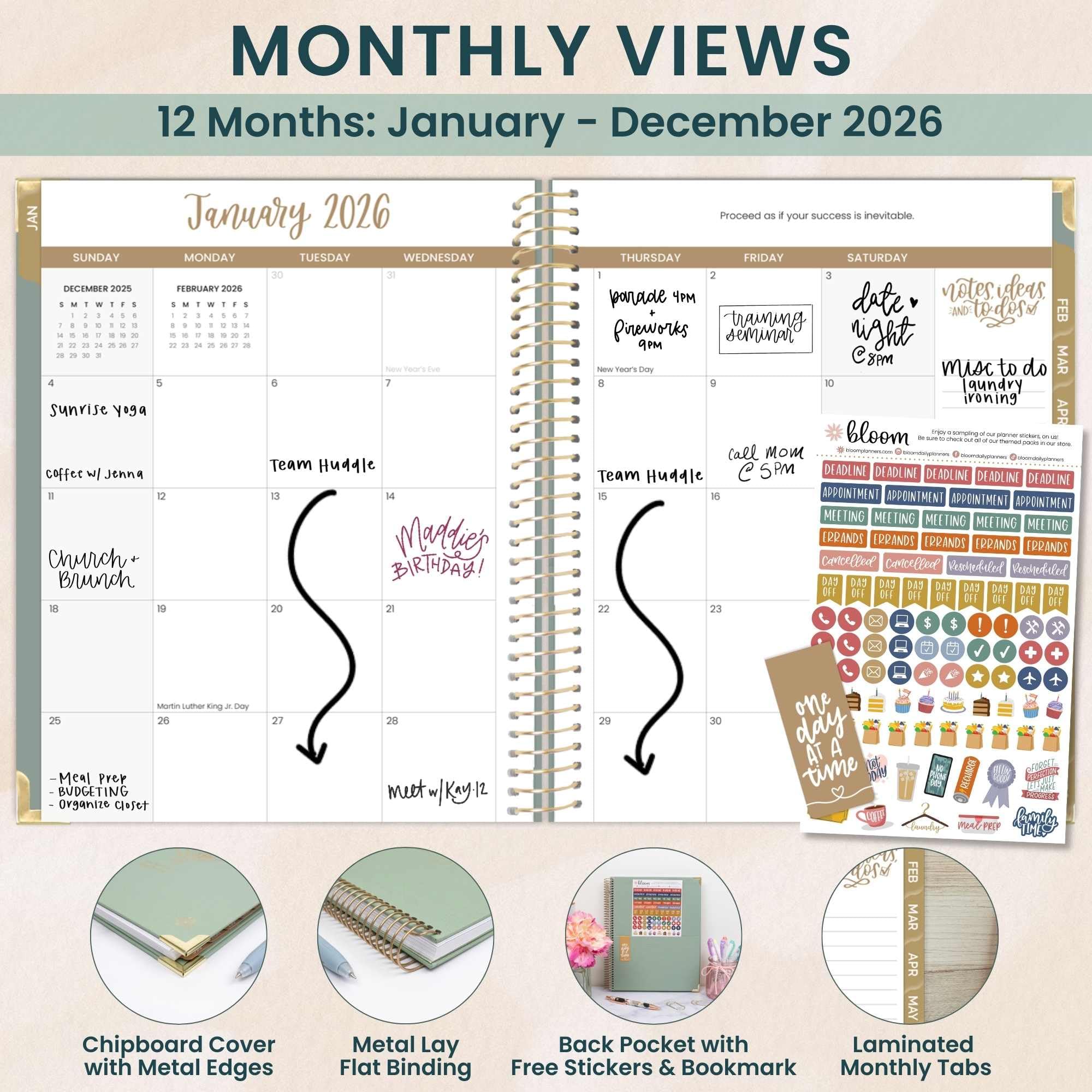 bloom daily planners HARDCOVER Planer 2026 (od stycznia do grudnia) - 21,5 cm x 28 cm tygodniowy i miesięczny organizer z naklejkami i zakładkami - zielony len
