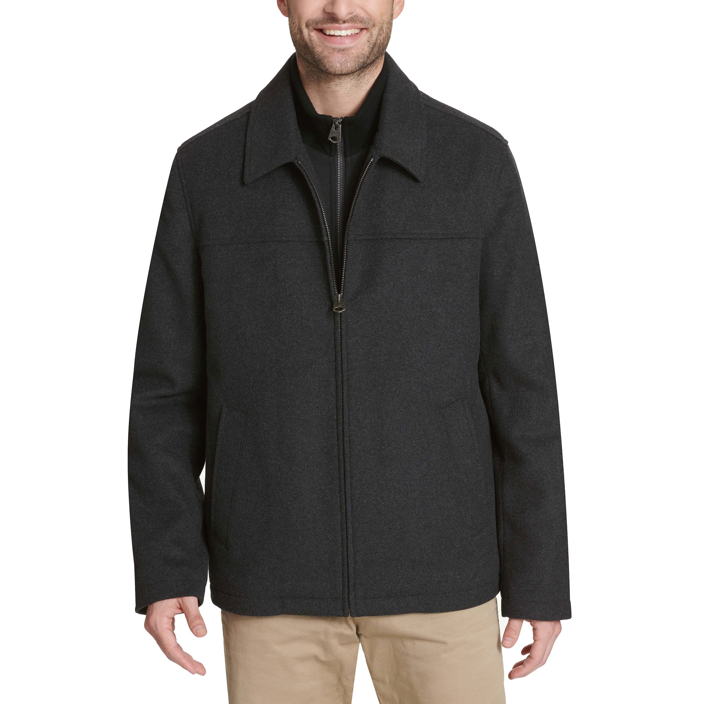 DOCKERS Men's Wool Blend Open Bottom Jacket with Quilted Bib, Charcoal/Softshell Bib, S