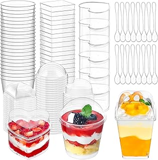 130 Pack Plastic Dessert Cups with Lids and Spoons, 5&6 oz Mini Parfait Cup Party Serving Shooters for Pudding, Yogurt, Fruit, Jello, Appetizer (Round, Heart and Square)