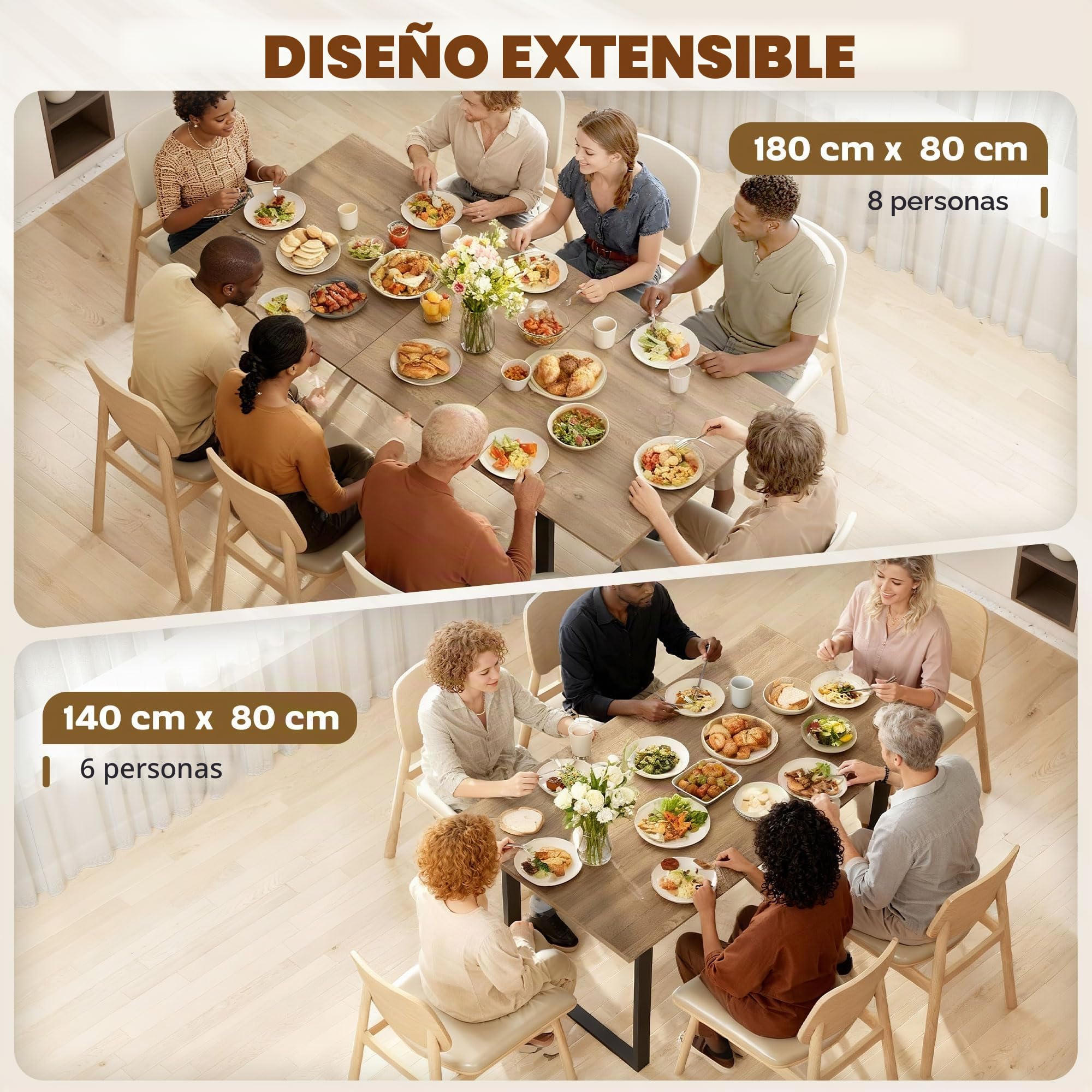 HOMCOM Mesa de Comedor Extensible para 6-8 Personas 140/180x80cm Natural