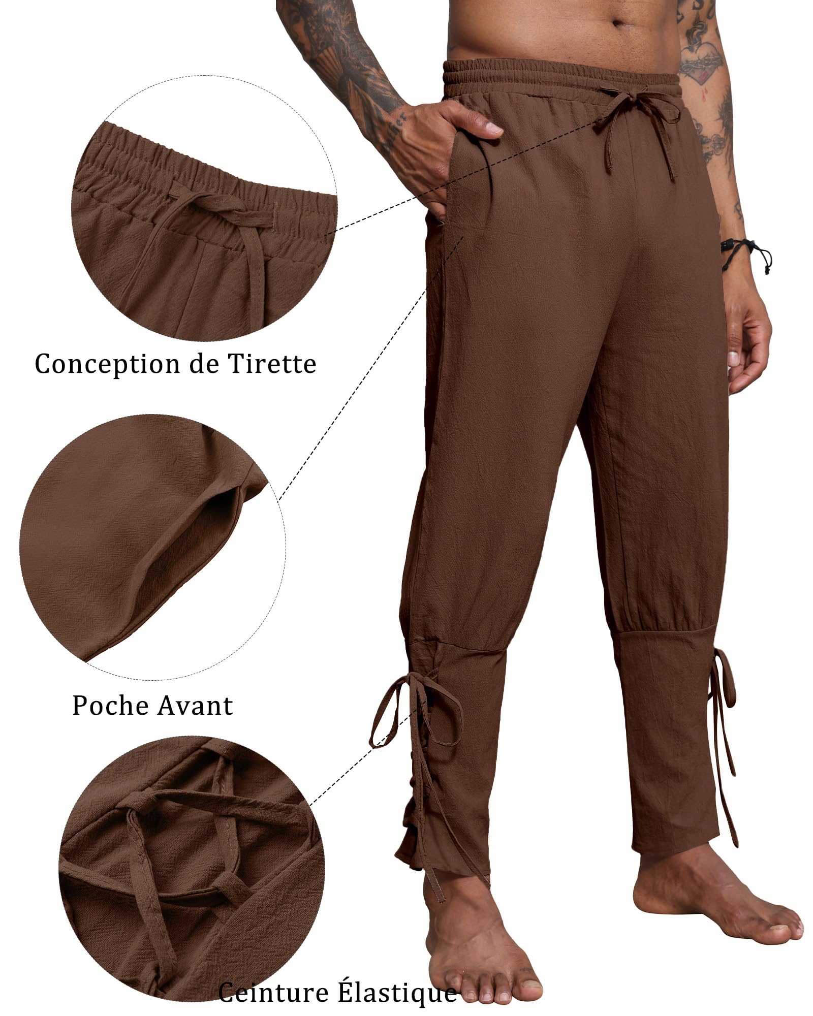 YAOBAOLE Pantalon Medieval Homme Pantalon Lin Homme Viking Renaissance Pirate Taille Elastique pour Halloween