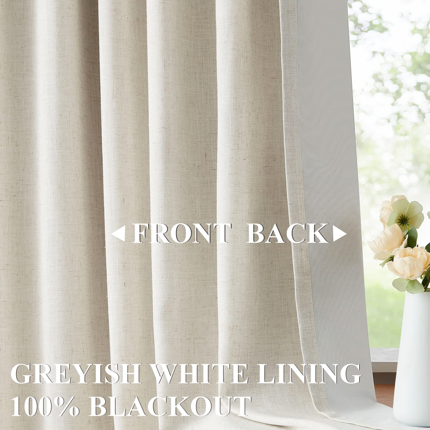 Vision Home Natural Pinch Pleated Full Blackout Curtains Linen Blended Room Darkening Window Curtains 95 inch for Living Room Bedroom Thermal Insulated Pinch Pleat Drapes with Hooks 2 Panel 40"Wx95"L - Image 3