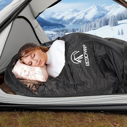 Vista 21 de REDCAMP Saco de dormir de franela para adultos, cómodos sacos de dormir de algodón para acampar con capucha desmontable, rojo/gris/azul