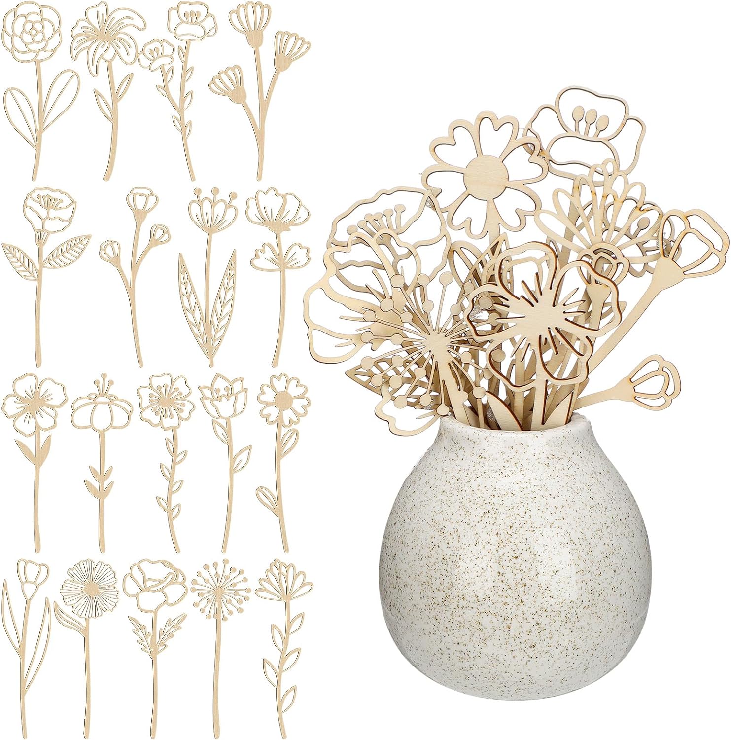 RattanView 36 Pcs Wooden Wildflower Decor Set Wood Flowers Cutout Signs Wildflowers Stems Laser Cut Flowers for Home Birthday Holiday Art DIY Decoration