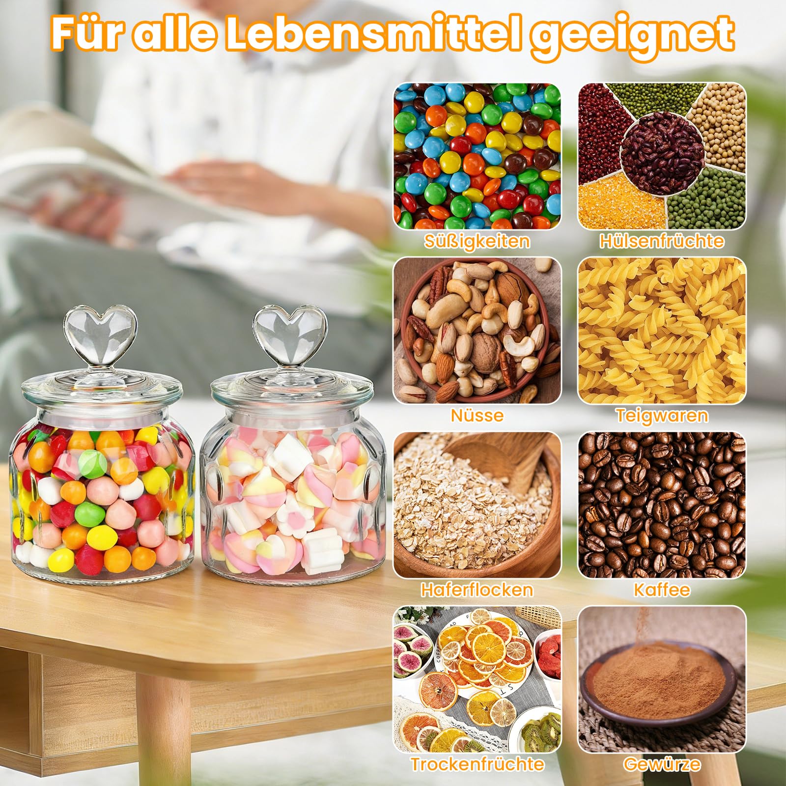 2 Stück Bonbonglas mit Deckel, 650 ml Luftdicht Keksdosen in Herzform, Transparente Vorratsgläser für Hochzeit, Candy Bar, Küche, zur Aufbewahrung von Keksen, Pralinen und Bonbons