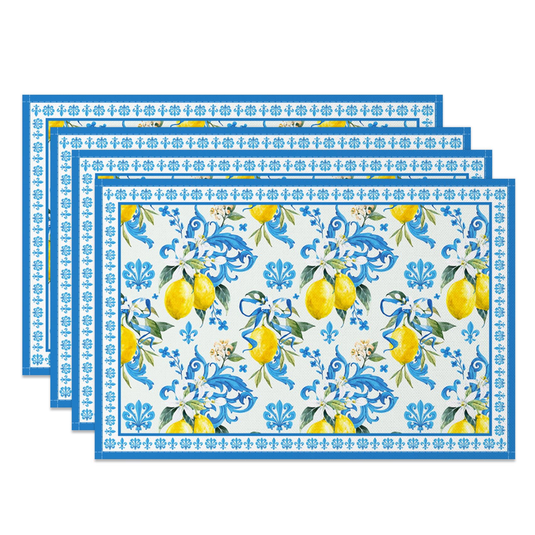 Blue Lemon Print Placemats Set of 4 12x18 Inch Blue Tiles Design Machine Washable Durable Place Mats for Kitchen Dining Room Traditional Beauty House