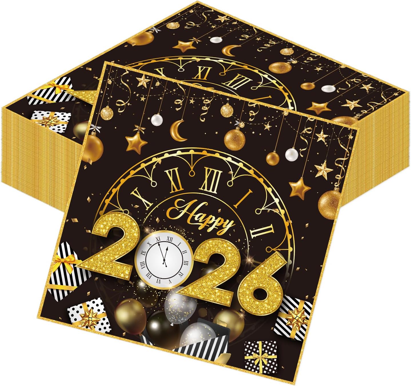 Gameza New Years Eve Party Supplies 2026, 50PCS Happy New Year Eve Disposable Paper Napkins Decorations 2026, Black and Gold Nye Decor 2026