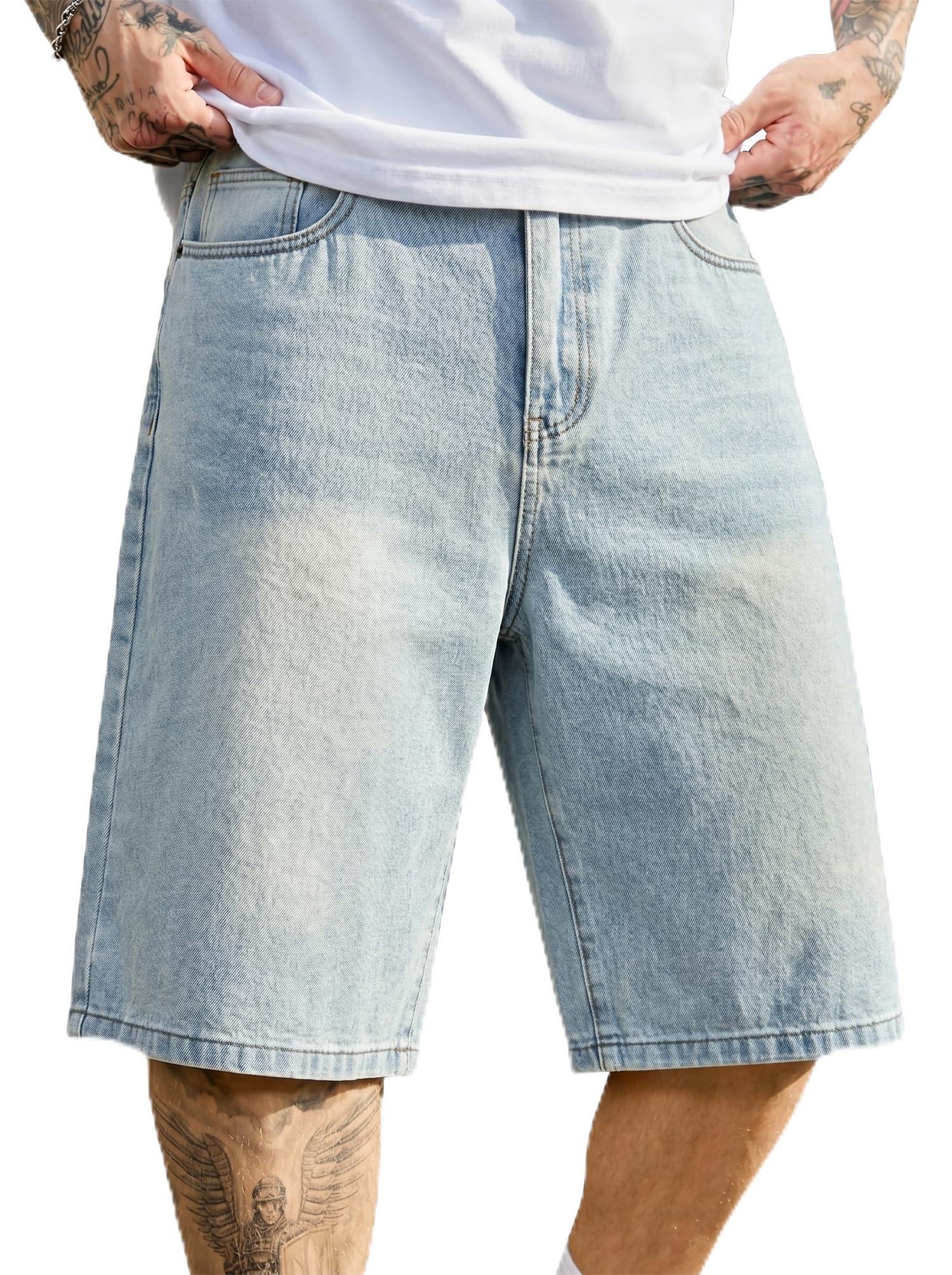 PLEPAN Men's Baggy Jeans Loose Fit Jorts Long Below Knee Denim Shorts