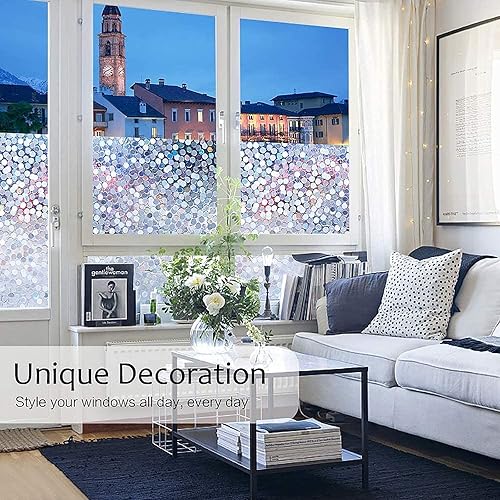Miniatura 6 de rabbitgoo Película de privacidad para ventana, 3D arcoíris decorativo de vidrio, calcomanías para ventana, guijarros y círculos, 17.5 x 78.7 pulgadas