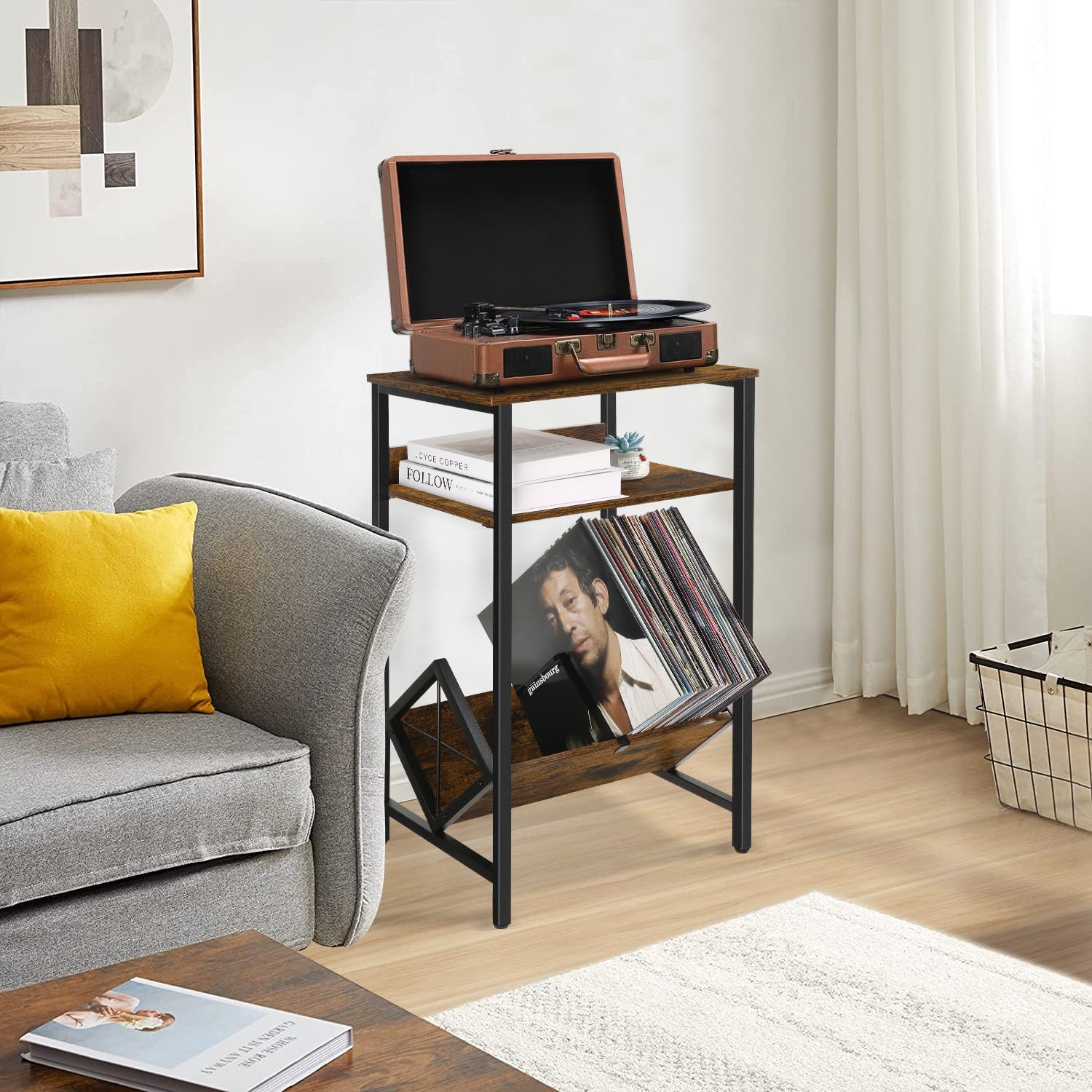 YINMIT Vinyl Record Holder,Record Player Stand,End Table,Vinyl Storage Up to 65 Albums,Record Player Table,Record Shelf for Living Room,Bedroom,Retro Side Table for Magazine,Book