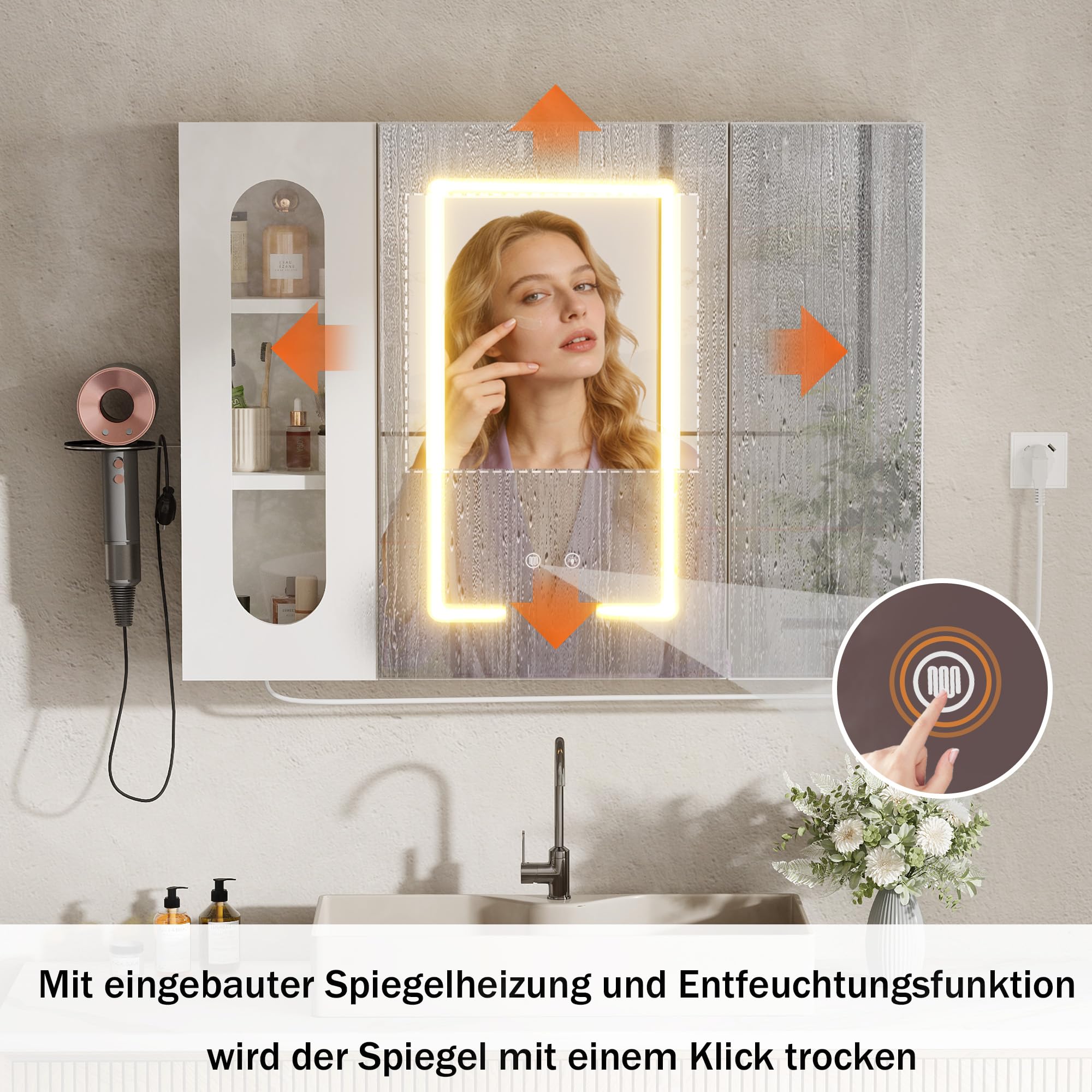Spiegelschrank Bad mit Beleuchtung und Antibeschlag Funktion Hängender Badezimmer Spiegelschrank mit Steckdose (2*AC + 3*USB) und 3 Freistehende Staufächer für Badezimmer,80x60x16 cm