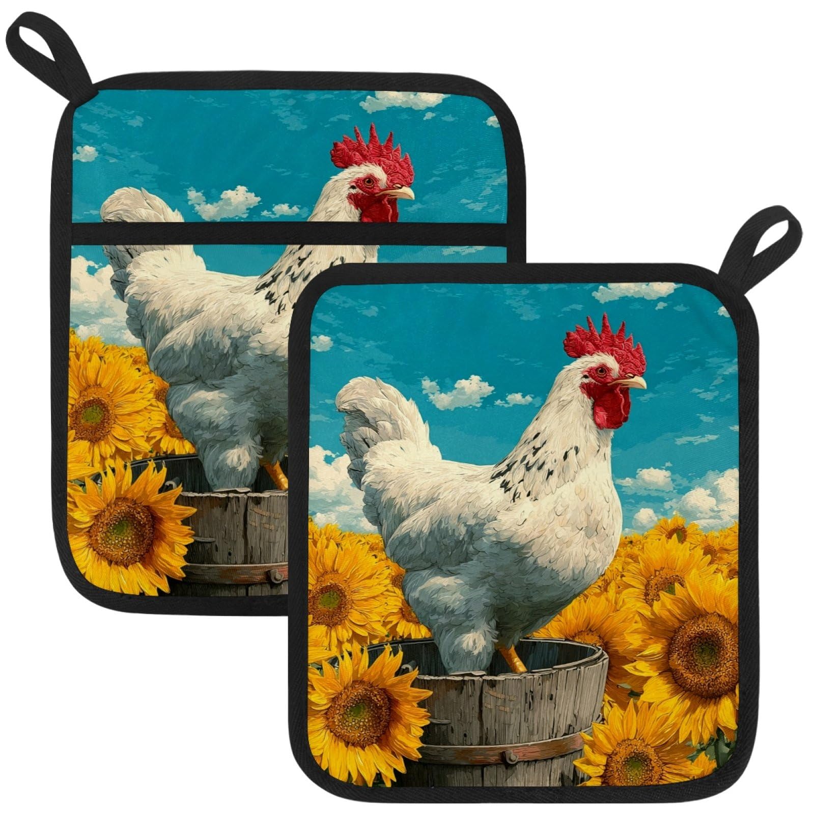 VAPOKF Rooster Sunflower Pot Holders with Pocket for Kitchen Heat Resistant Potholders Large Polyester-Cotton Square Oven Mitts Set
