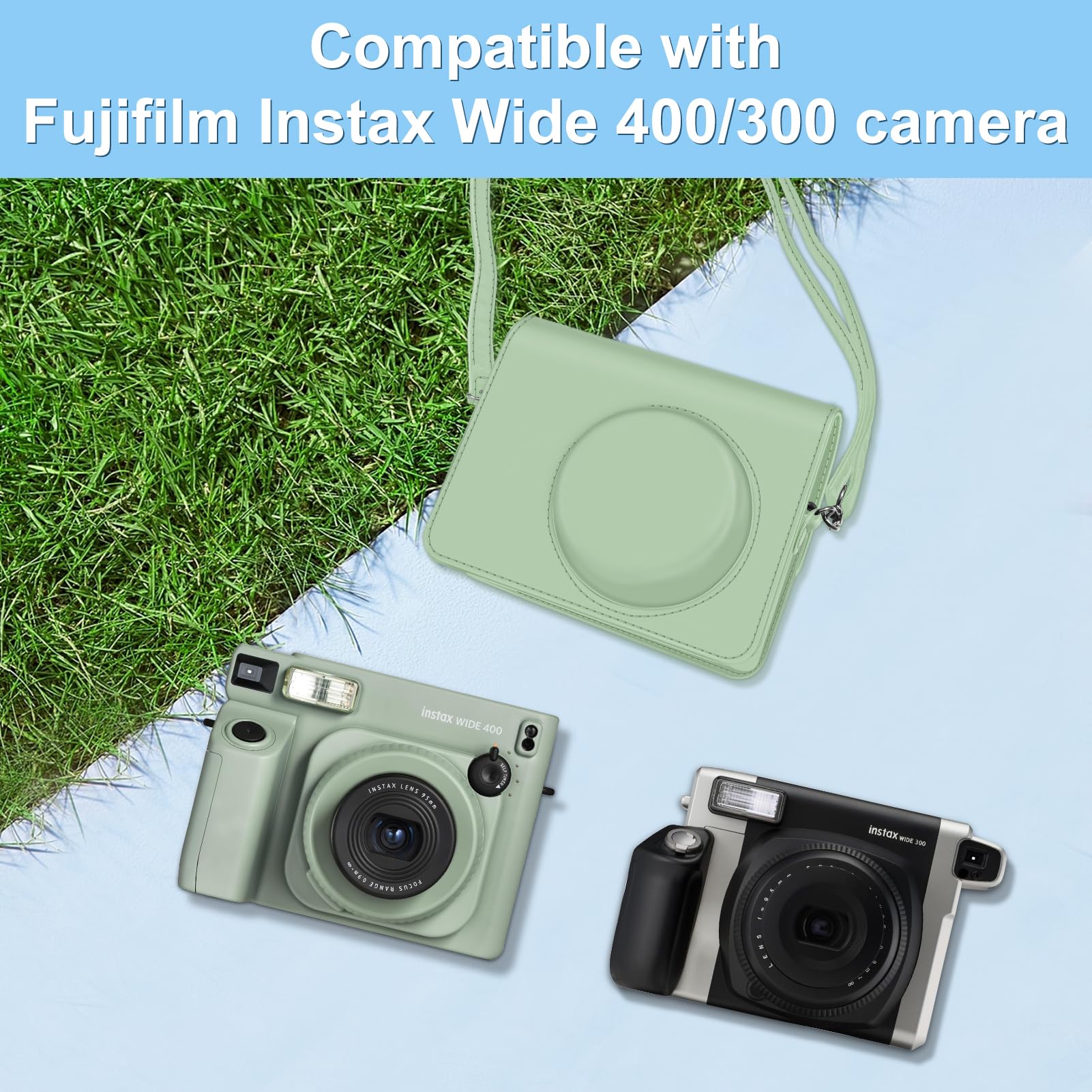 FINTIE Custodia Protettiva per Fujifilm Instax Wide 400 Fotocamera Istantanea - Borsa Protettiva Case in Similpelle con Tracolla Regolabile, Verde