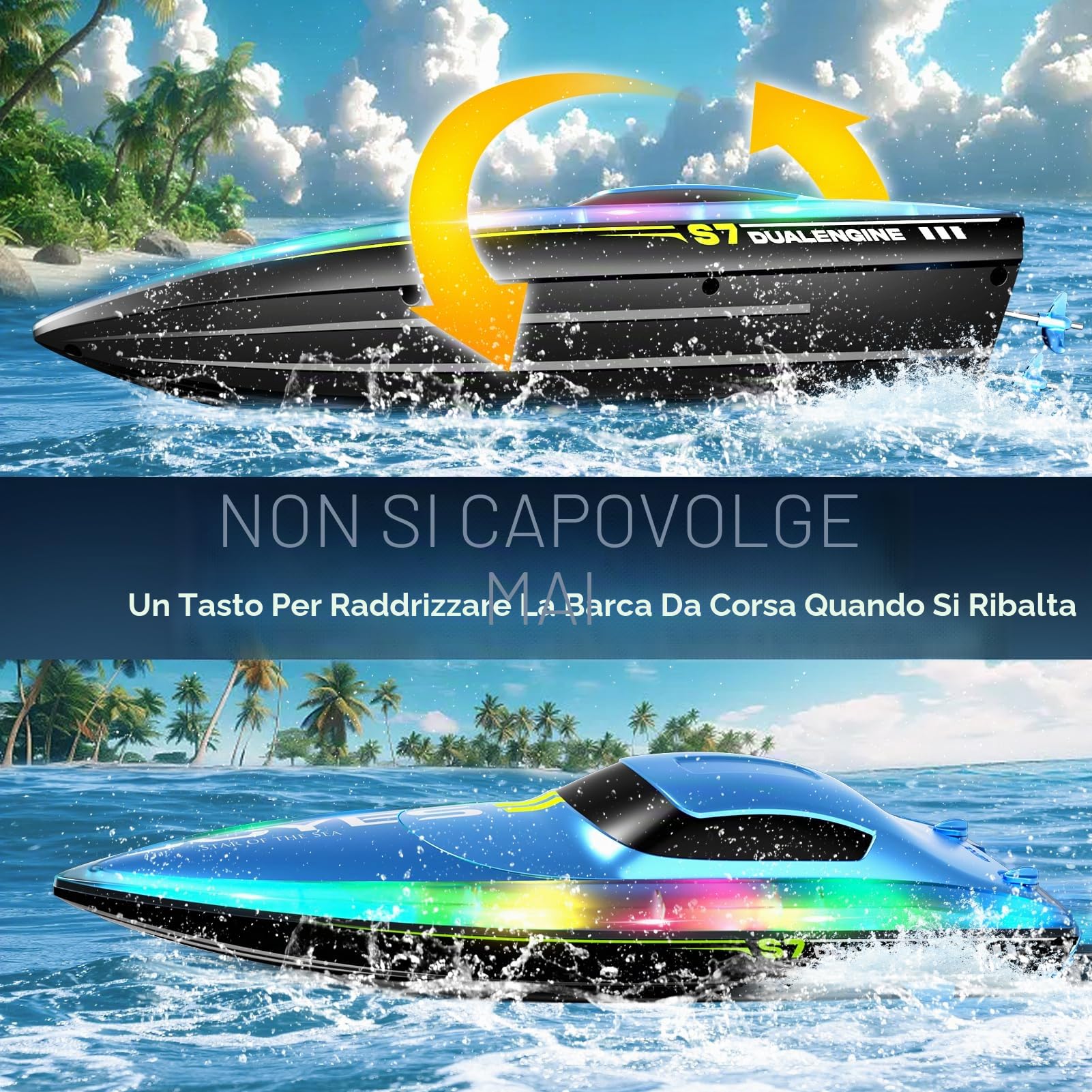 4DRC S7 Barca RC con luce LED, 50+ minuti, auto diritto remoto barca per piscine e laghi, 15+ MPH, 2.4GHz barche da corsa, 2 batterie, giocattoli da piscina per bambini, moto d'acqua radiocomandata
