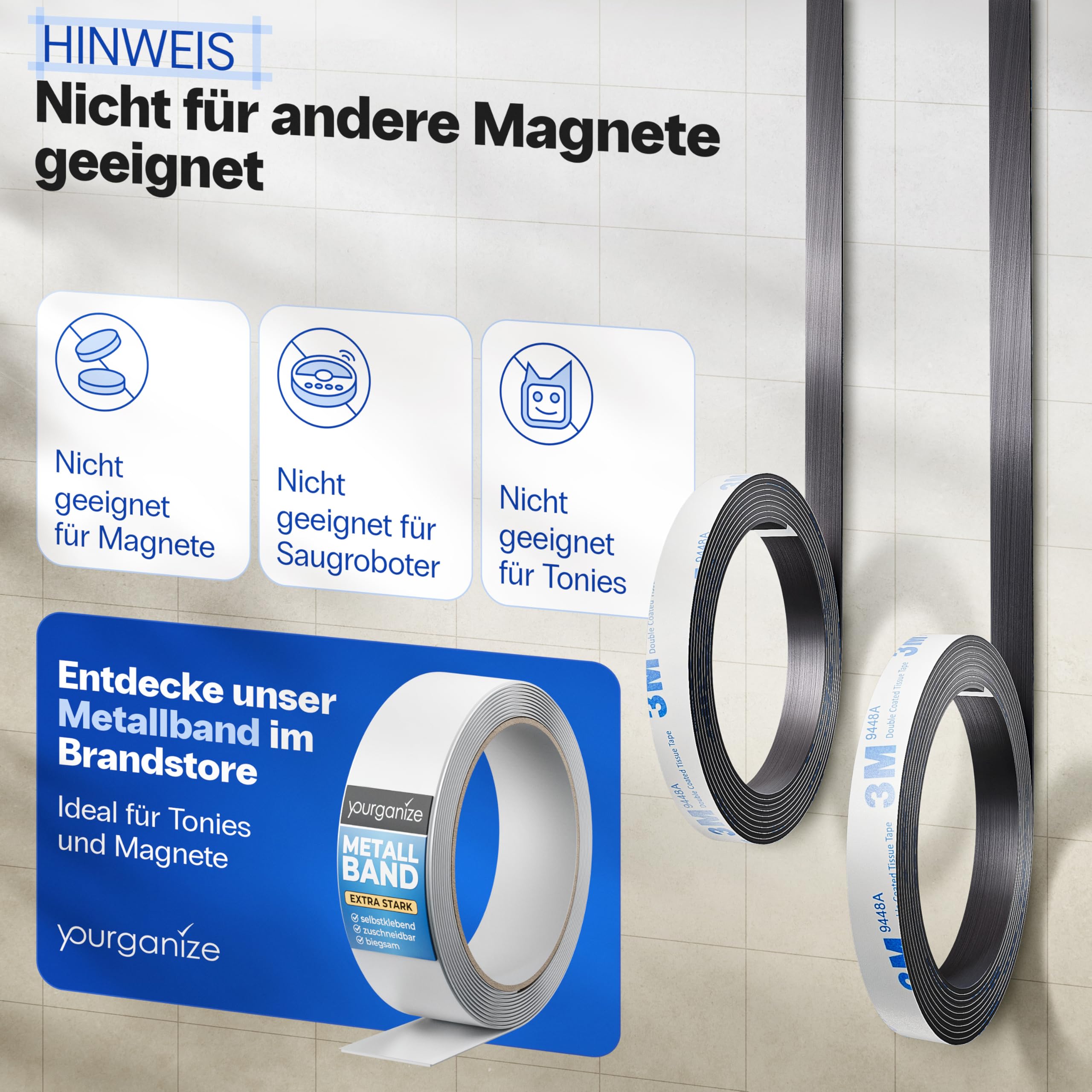 YOURGANIZE Bande magnétique autocollante A et B - 8 m (2 pièces) - Aimants pour moustiquaire et objets légers - Aimants avec contre-pièce (8 m + 8 m)