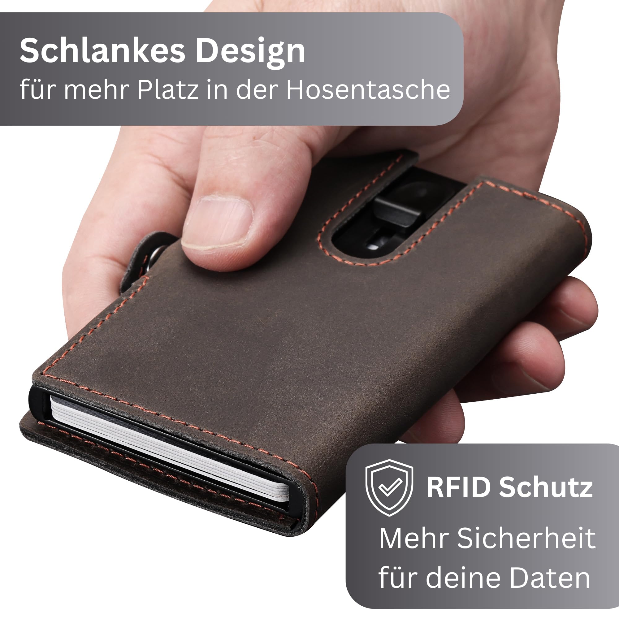 Wolkenbach - Porta carte di credito in pelle con scomparto per monete, da uomo, porta carte di credito, portafoglio sottile, in vera pelle, protezione RFID, Nero con cucitura rossa, s, Compatto