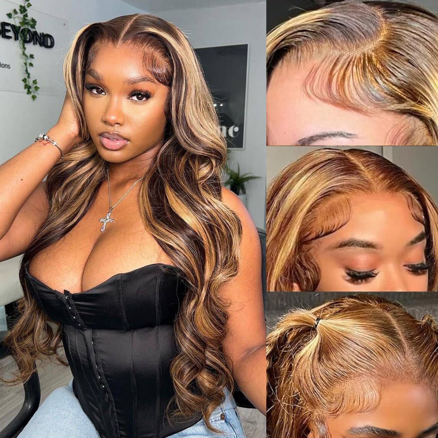 FASHION VILA Highlight Ombre Lace Front Wig Human Hair Body Wave Lace Front Wigs Human Hair Pre Plucked 13x4 4/27 Brown Highlight Wig 200% Density