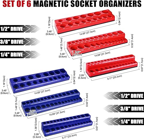 Miniatura 2 de Organizador magnético de llaves de vaso de 6 piezas, soporte magnético de 14 pulgadas, 38 pulgadas, 12 pulgadas, bandeja métrica SAE para