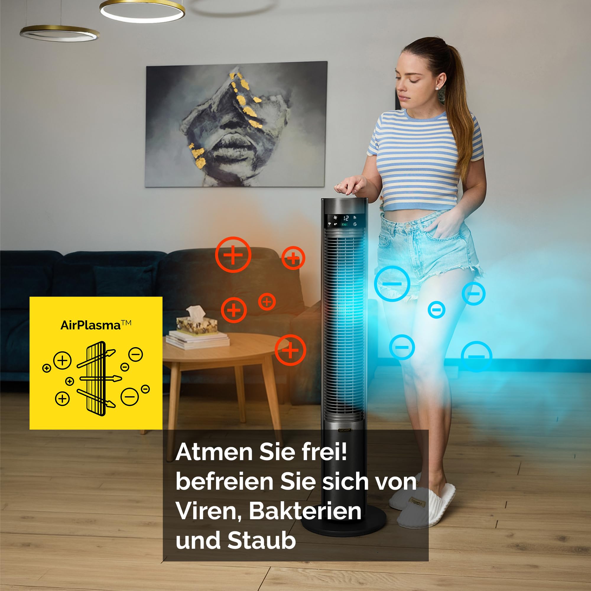 YOER CoolWhisper TF07G Leiser Turmventilator, 19dB, 12 m Wurfweite, WLAN & App, 12 Geschwindigkeitsstufen, 80° Oszillation, Plasma-Ionisator, grau