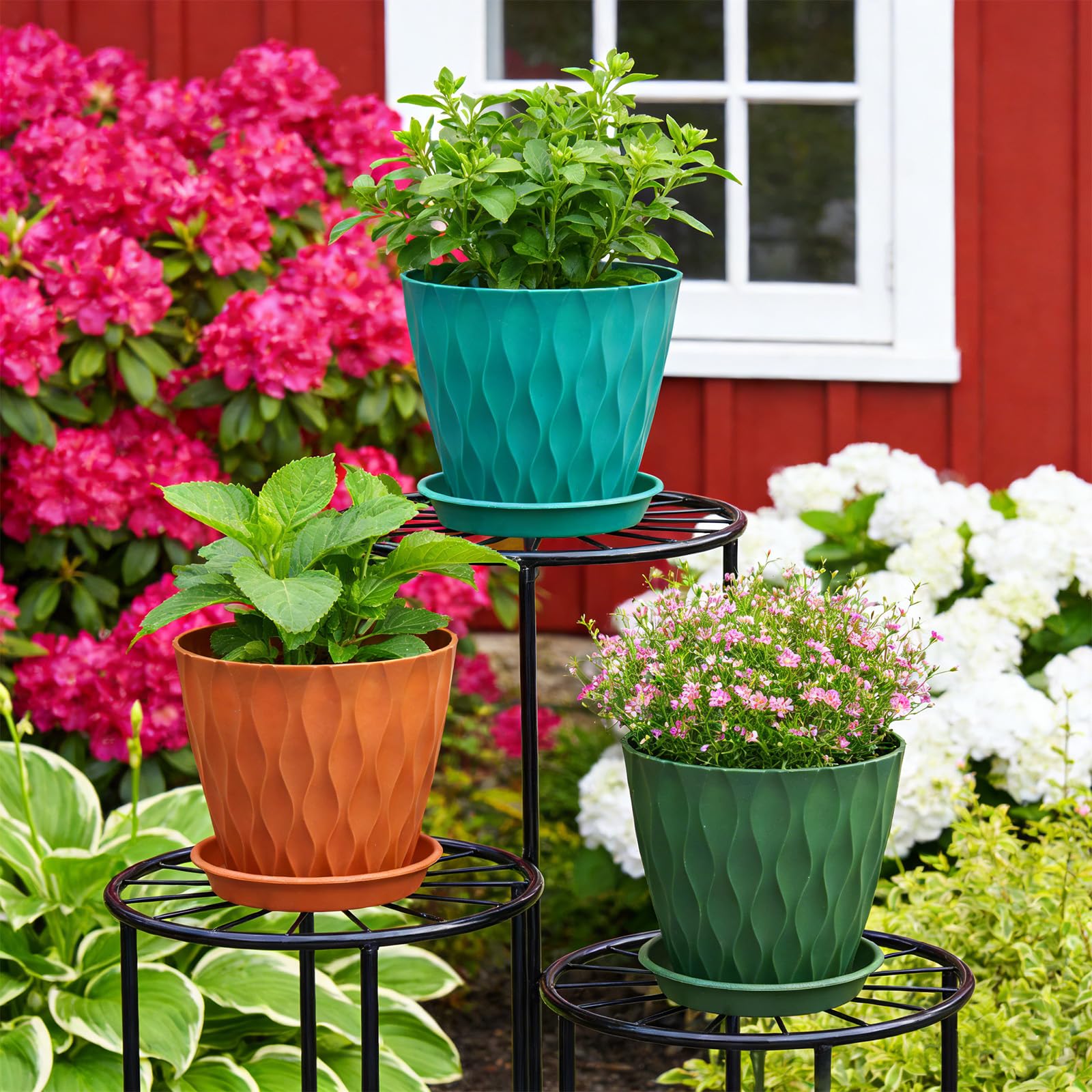 6 Pack Plastic Plant Pots 15cm/6-in Flower Pots with Drainage Holes and Tray Modern Decorative Planter Pot Indoor Outdoor Planters for All House Plants(6 Colour) - 4