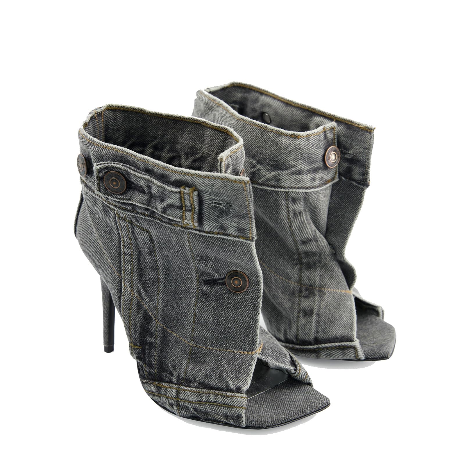 THESHY Women's Peep Toe Stiletto High Heel Ankle Denim Boots Metal Button Sandals Bootie Fashion Shoes for Women