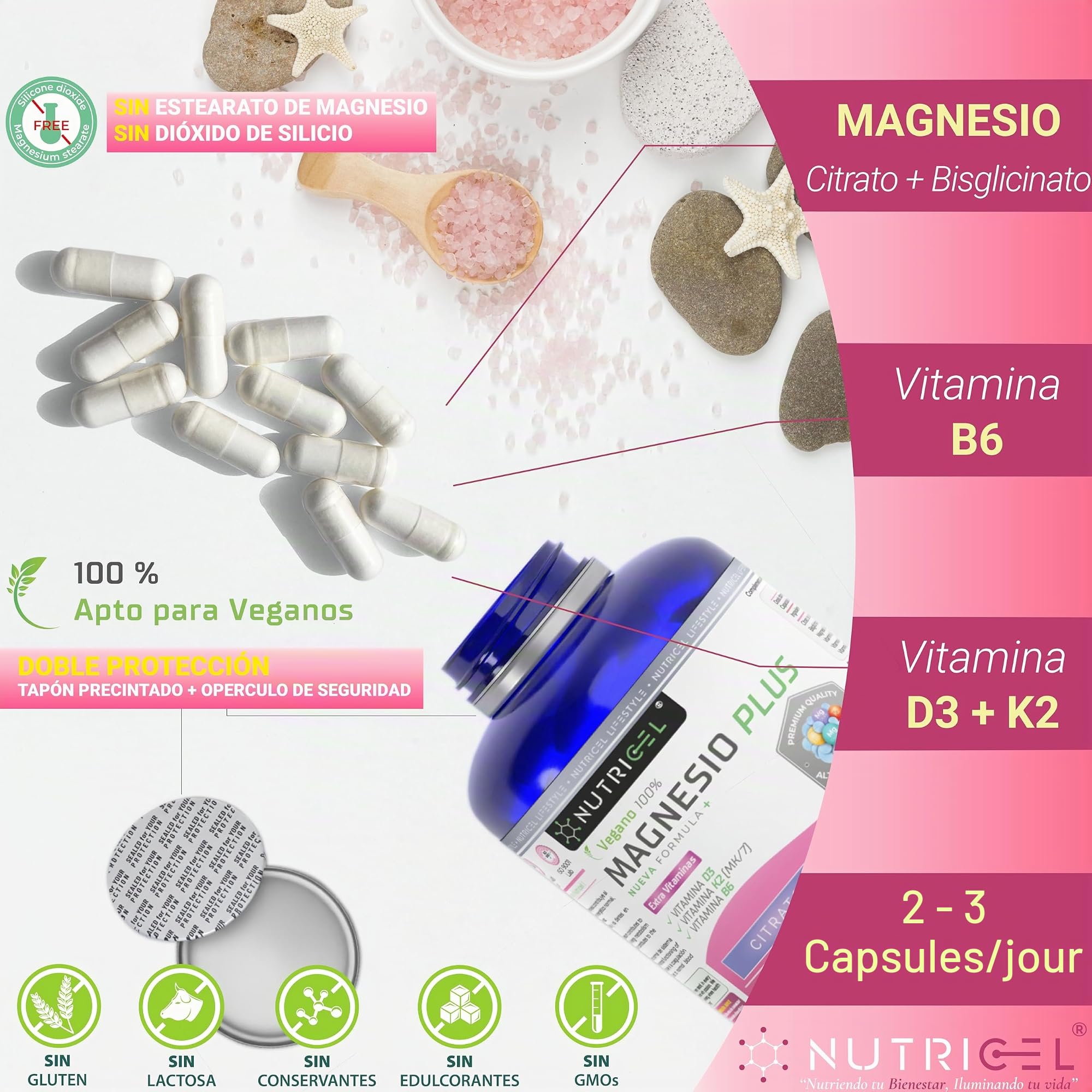 Magnésium Bisglycinate + Citrate - 2177mg - Vitamine B6, D3 et K2 | Fatigue | Magnesium Bisglycinate et Magnesium citrate | jusqu’à 4 mois | 180 Gélules Végétalien (Lot de 2)