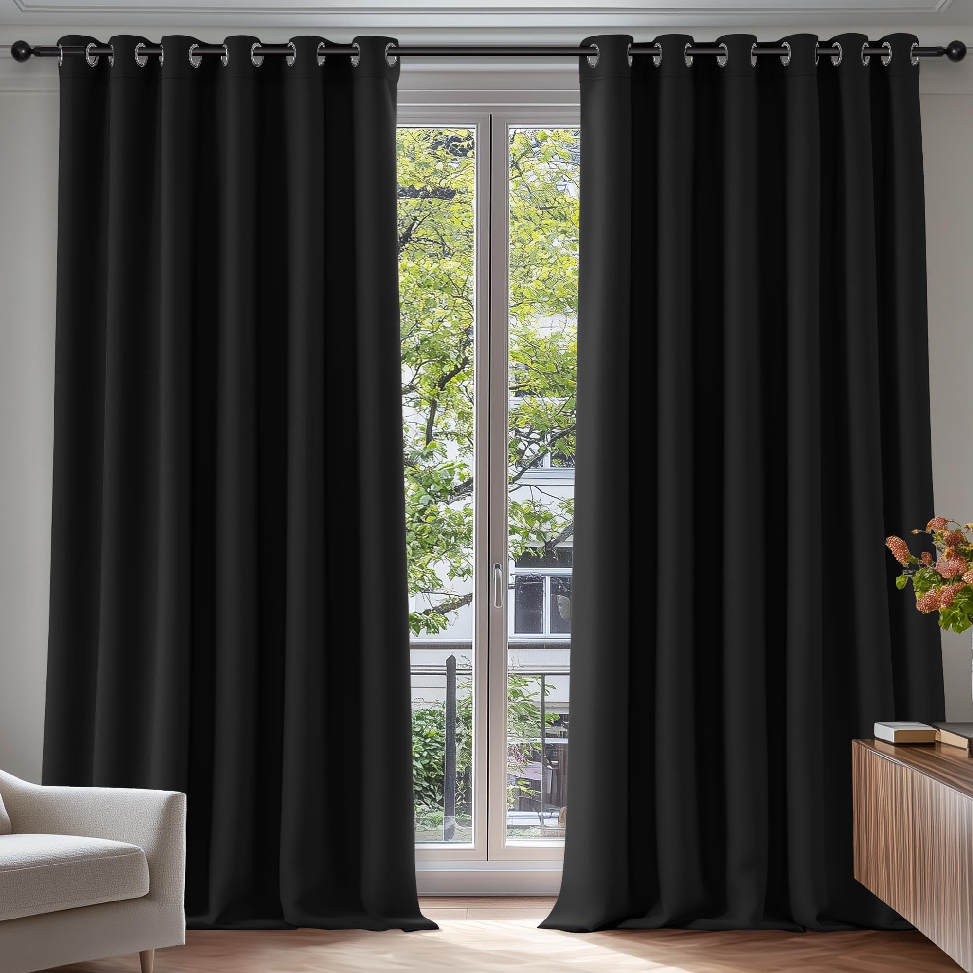 Deconovo Tende Oscuranti per Interni 2 Pezzi 274 CM Altezza, Termiche Isolanti, Anti-Rumore, con Anelli, Ideali per Camera da Letto e Soggiorno, 229x274 CM, Nero