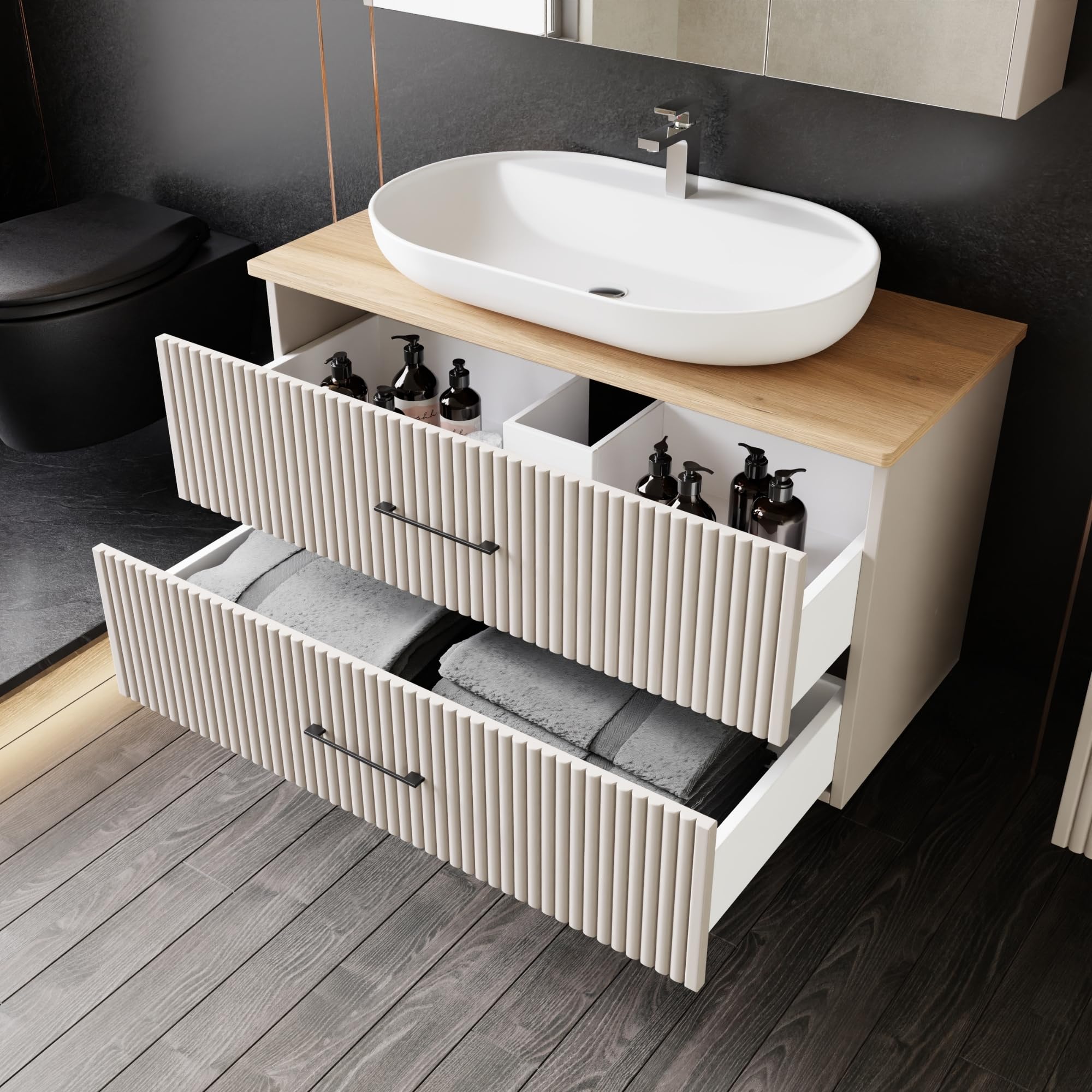 Badezimmermöbel Set Liana 100 Konsole Eiche | Keramikwaschbecken | Unterschrank | Spiegelschrank | Konsole | Waschbecken mit Unterschrank 100 cm | Softclose | Aufsatzwaschbecken | Konsolenwaschtisch