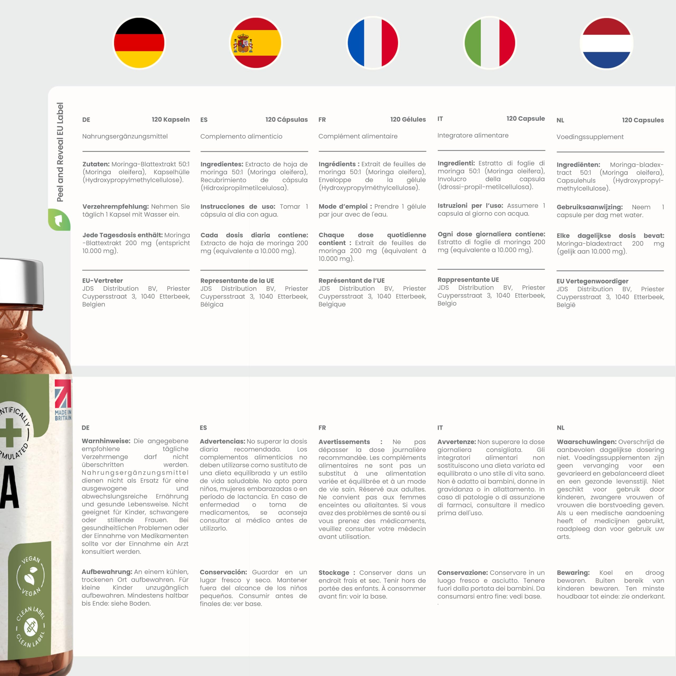 Capsule di Moringa Pura | Alto Dosaggio 10.000 mg | 4 Mesi – 1 al Giorno | Senza Additivi | Capsule di Superalimento Vegano in Polvere | Estratto Puro di Foglia di Moringa | VitaBright