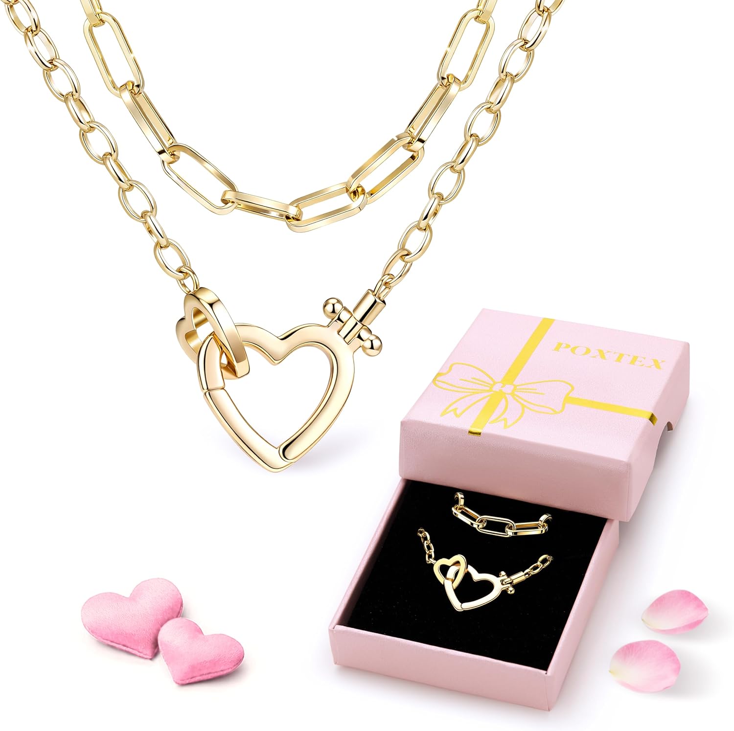 Chunky Gold Necklaces for Women Layered 14k Gold Silver Plated Heart Pearl Pendant Choker Necklace Trendy Dainty Stacked Paperclip Cuban Chain Simple Jewelry Valentine's Day Gifts Set - Image 3