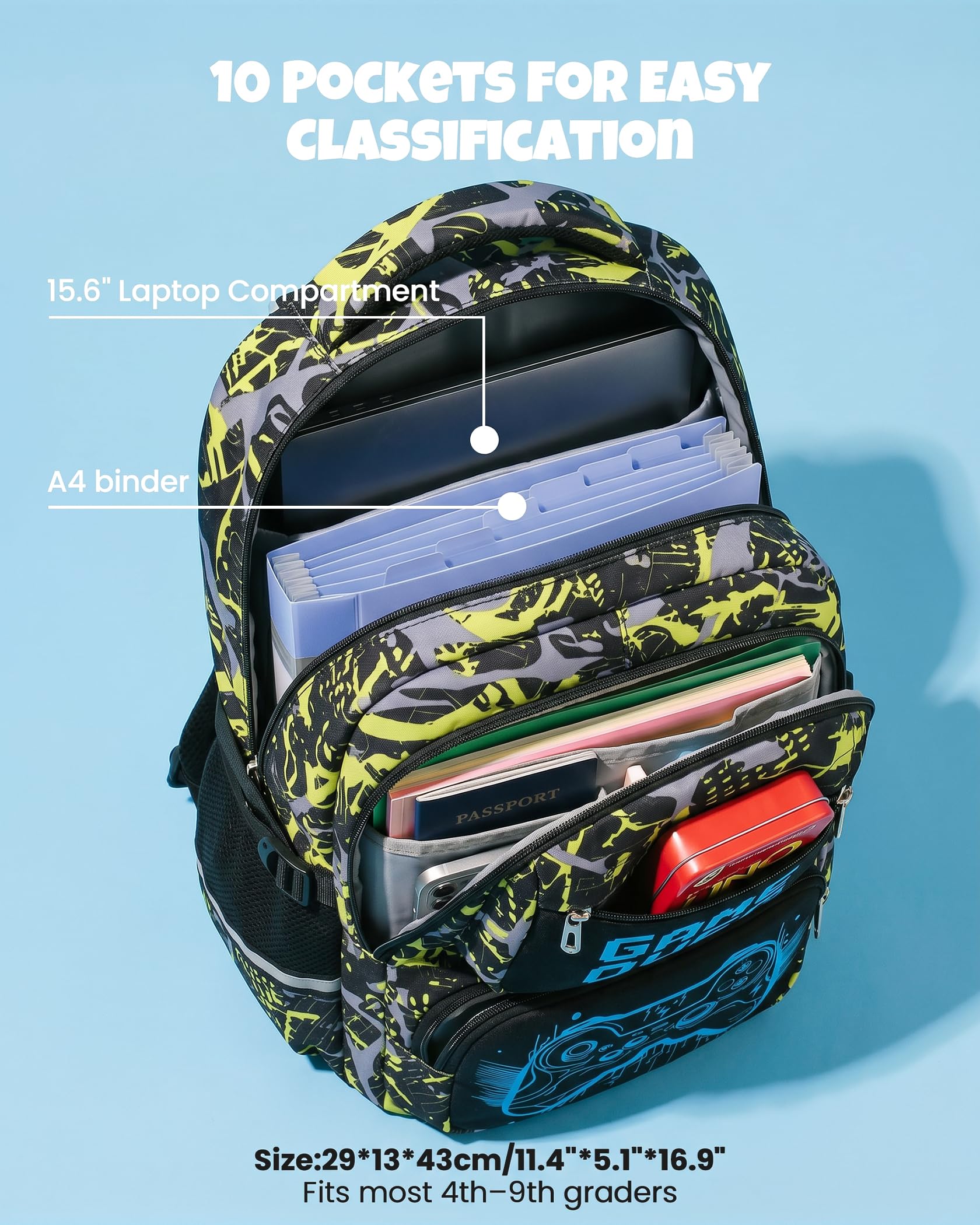Amythe Zaino Scuola Ragazzi 8 a 12 anni Luminoso 3 Pezzi Set Leggero, Gelb | Impermeabile 3 Pezzi Riflettente moderno Giallo Daypack Multitasche Capiente Resistente per Scuola Viaggio Escursione