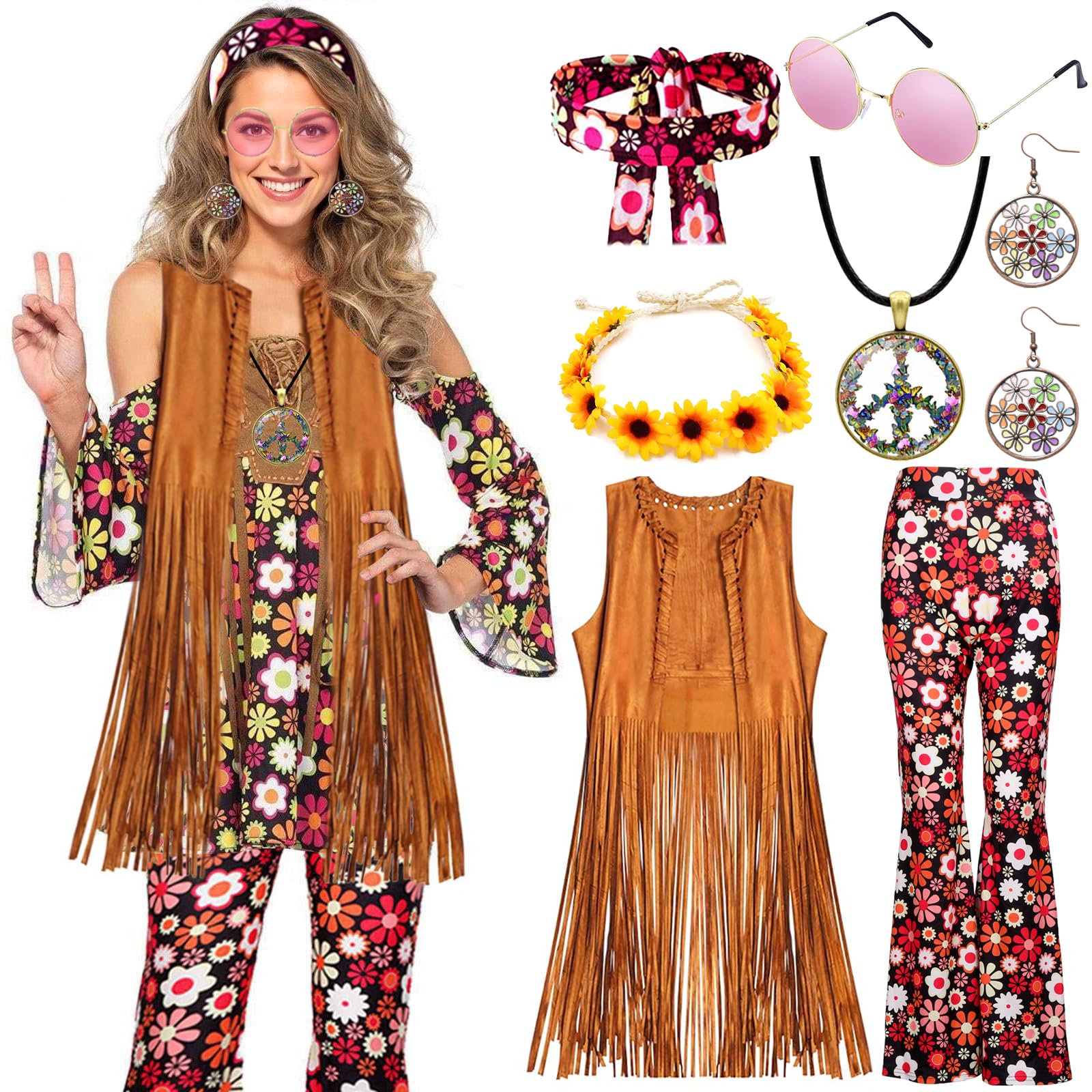 YADODO 60er 70er Jahre Hippie Kostüm Damen Set mit Fransenweste Schlaghose Accessoires Hippie Kleidung Damen Kostüm 70er Jahre Bekleidung Frauen Disco Outfit Cowgirl Western Faschingskostüm (L)