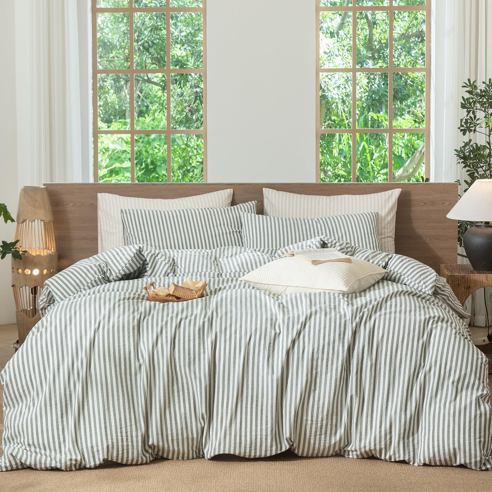 MooMee Striped Duvet Cover Set 100% Washed Cotton Linen Like Queen