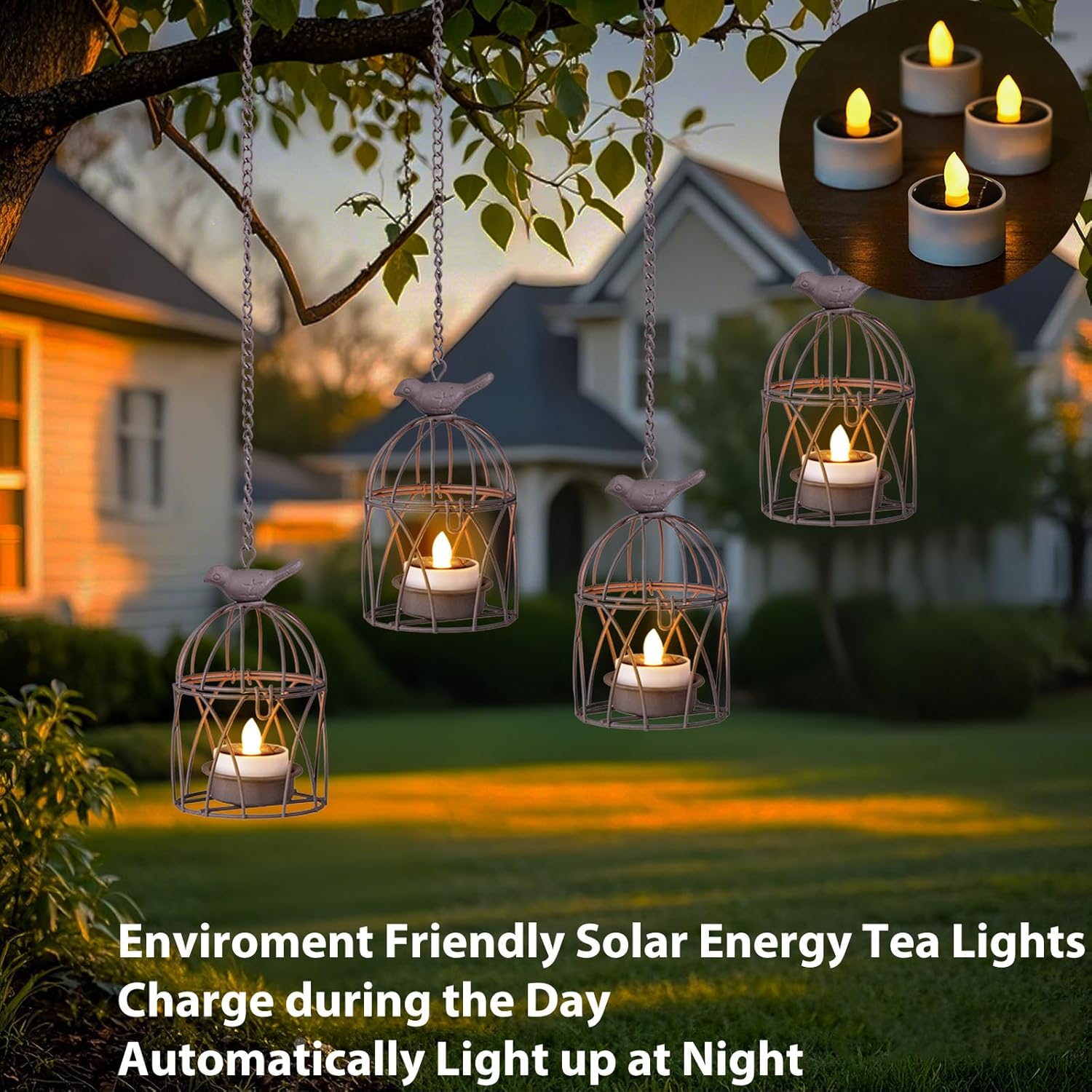 Solar Lanterns Outdoor Waterproof, Rust Iron Cage Candle Holder with Flickering Solar Powered Tea Lights, Hanging Solar Lights for Outside Tree Backyard Patio Garden Fence Decoration-4Pack