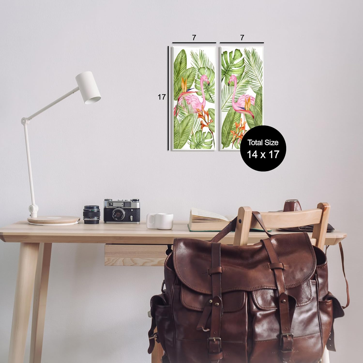 Stupell Industries 'Flamingos & Topical Plants', 2pc Wall Plaque Art Set, 7 x 17 Inches, Easy to Hang and Sturdy, Made in USA, by Kim Allen