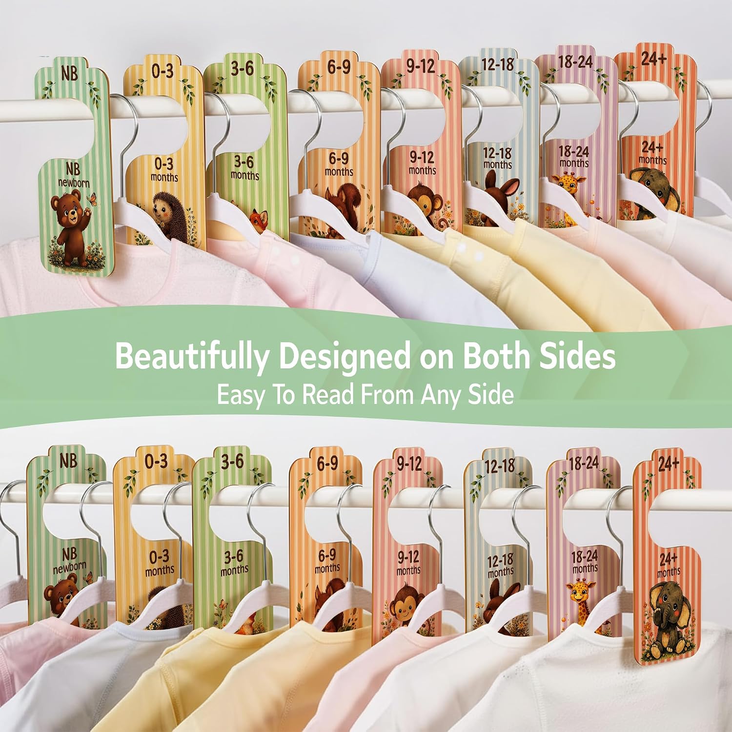 Baby Closet Dividers, Baby Clothes Dividers for Closet – Wooden Double-sided Dividers, Large Clear Font, Nursery Clothes Organization,Newborn to 24+ Months, Fits Standard Clothes Rods (Pastel Rainbow)