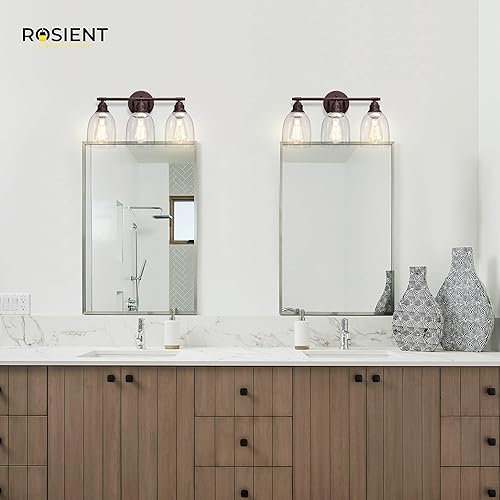 Miniatura 5 de Rosient Luces de tocador de baño, iluminación de pared de baño sobre espejo, aplique de pared de tocador en acabado de bronce aceitado con vidrio