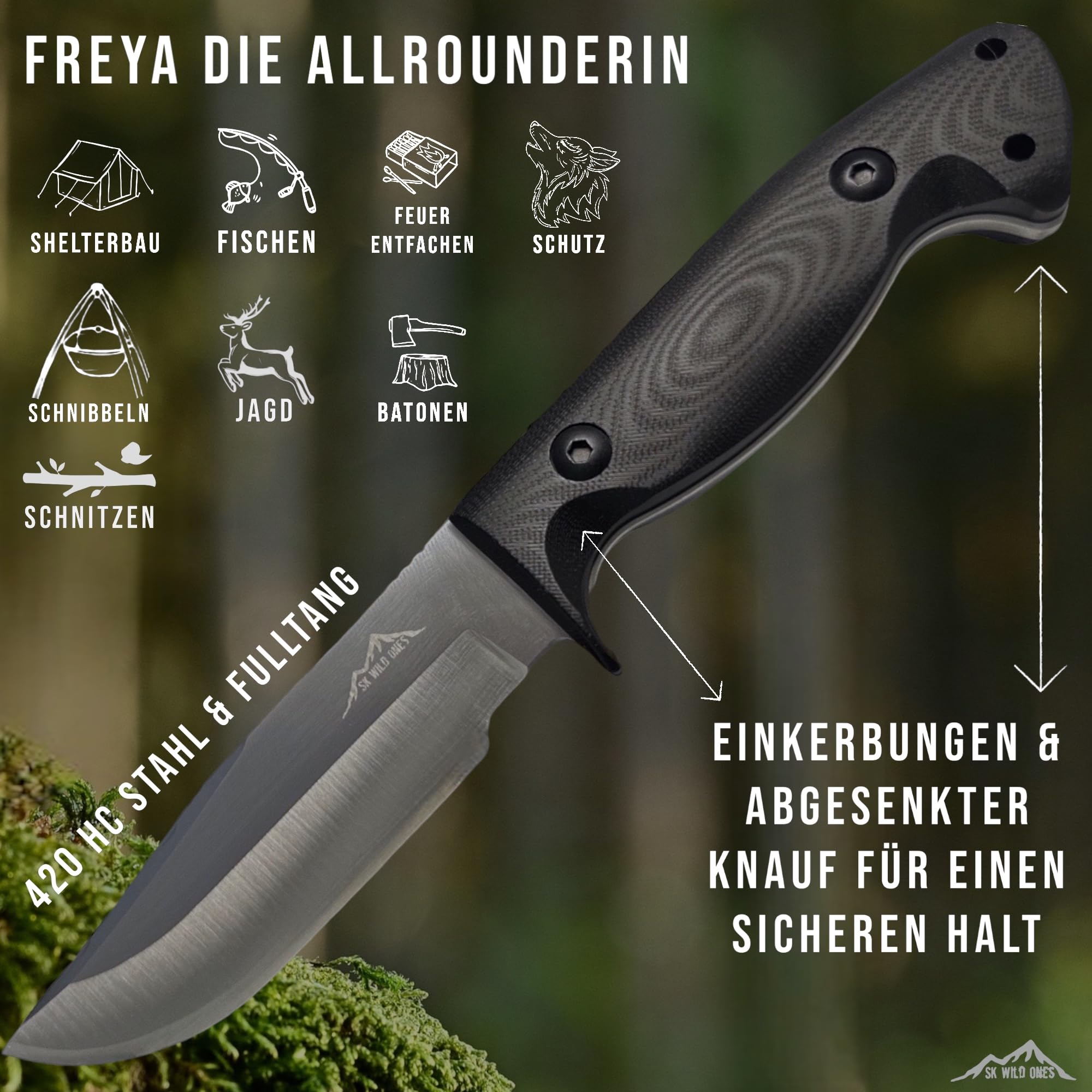 SK Wild Ones® Jagdmesser Outdoor Survival-Messer Feststehend mit G10 Griff - Full Tang 420 Stahl Gürtelmesser für Camping Freya