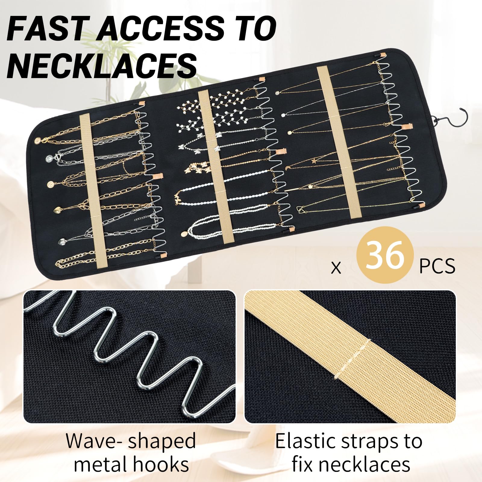 Hanging Jewelry Organizer per Armadio - collana Earring Holder Organizer con coperchio antipolvere e gancio rotante in metallo - Jewelry Storage Display Stand 1 pezzo, grande, nero