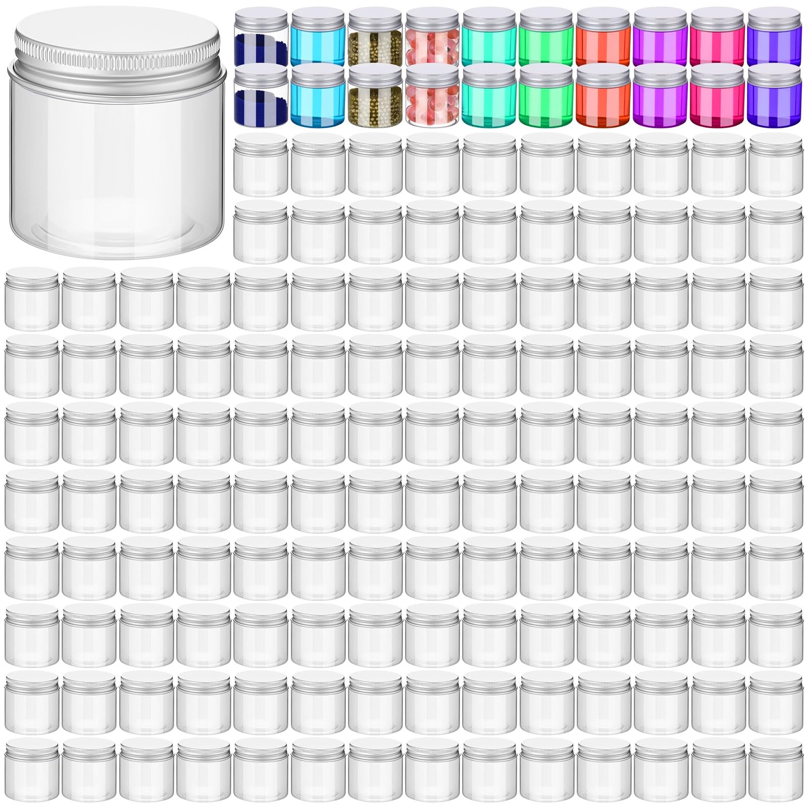 Aoriher 150 Pcs Clear Plastic Jars with Lids Round Containers,2 Oz,Silver
