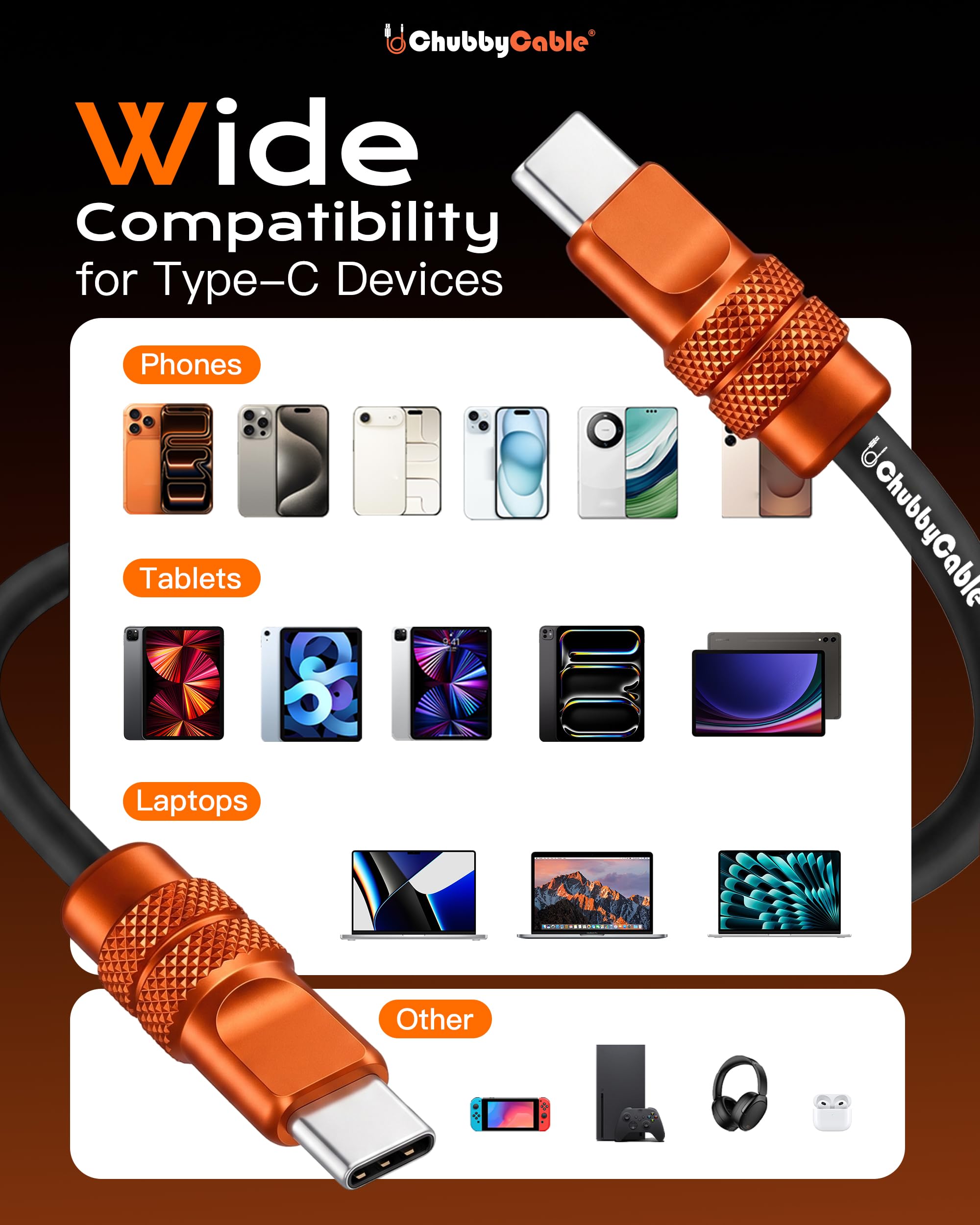 chubbycable Cavo di ricarica anodizzato 240 W riflettente lucido durevole in silicone morbido cavo USB C extra spesso cavo di ricarica per telefono, nero+titanio deserto, da tipo C a tipo C, 1,8 m