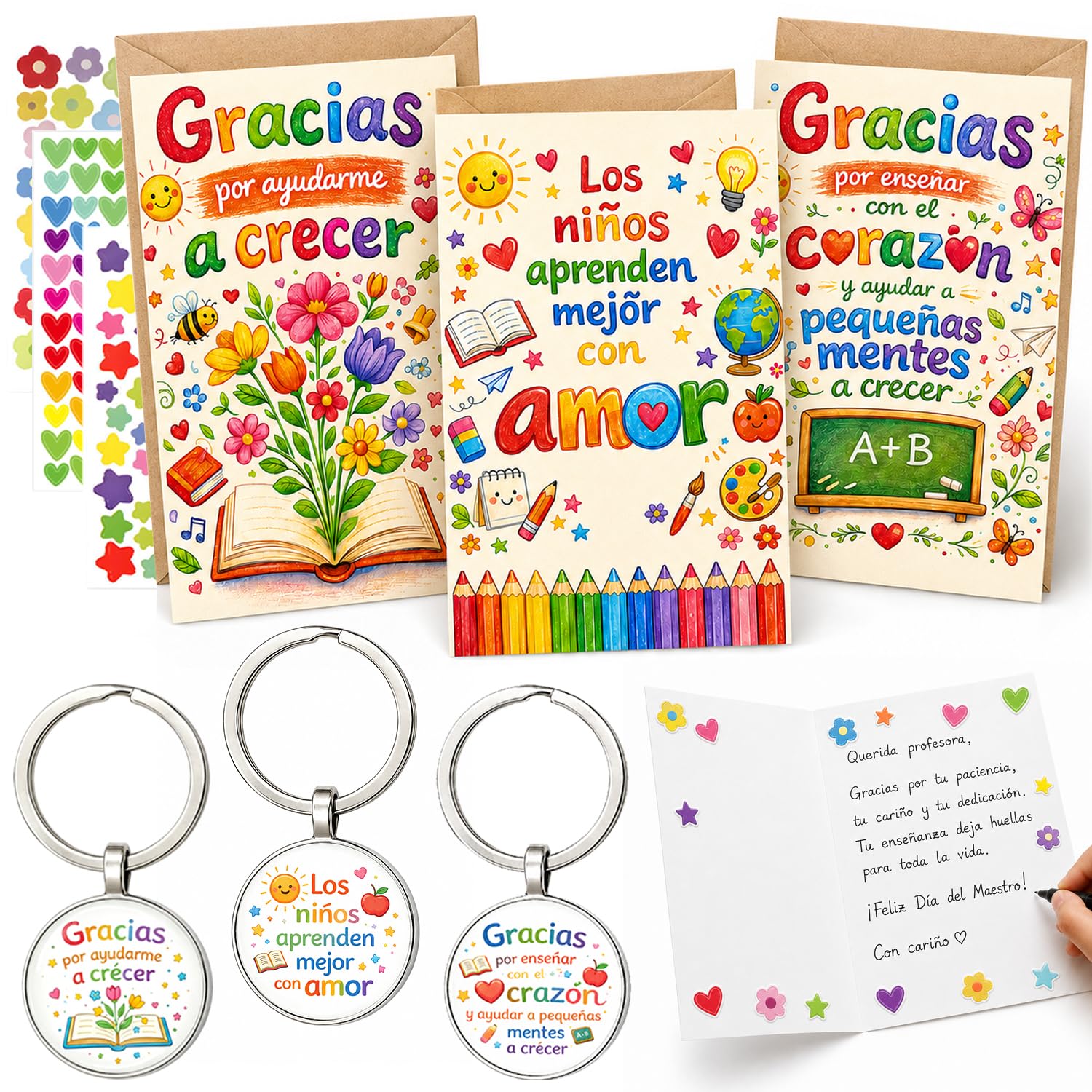 Regalo Profesora, Set de 3 Llaveros con 3 Tarjetas de Agradecimiento, Regalo Profesor, Regalos Originales para Profesores, Detalles Fin de Curso, Guardería y Primaria (Colores cálidos)