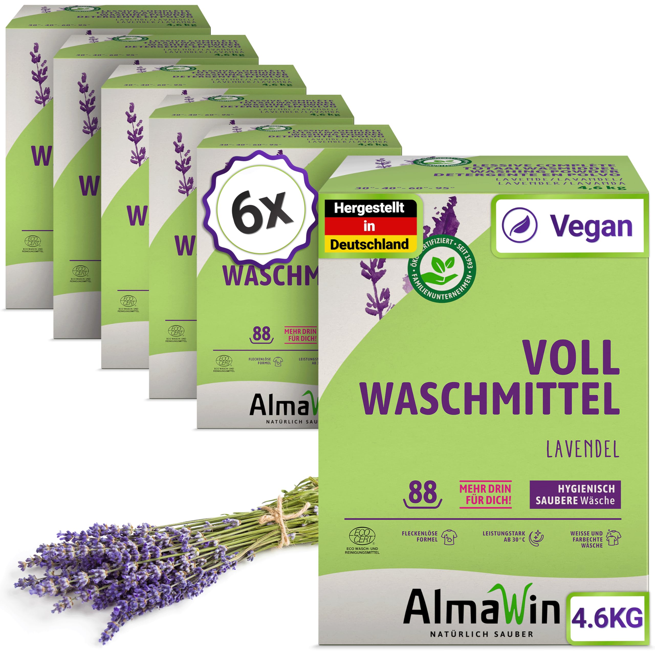AlmaWin® Vollwaschmittel Pulver [6x 4,6kg - 528 Ladungen] mit Lavendel-Duft für strahlende Reinheit - Waschmittel Pulver für alle weißen & farbechten Textilien [30-95°C] - Veganes Voll-Waschpulver