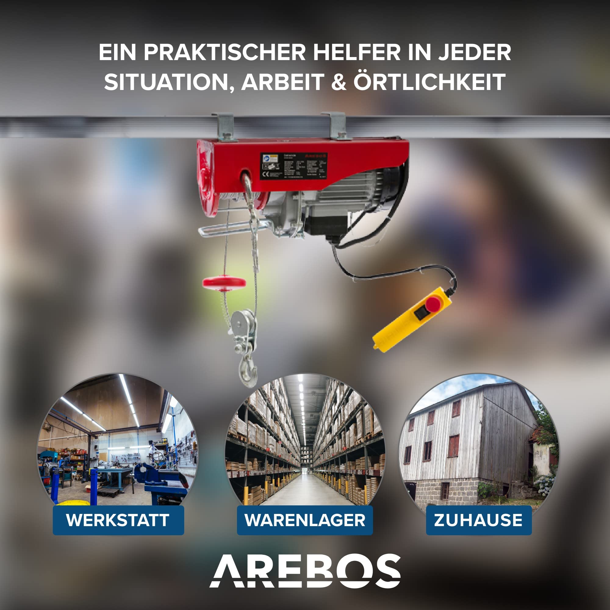 Arebos Elektrische Seilwinde | Seilzug | Seilhebezug | Motorwinde Flaschenzug | Hebezug | Elektrischer Kettenzug mit Kabel-Fernbedienung | Hubhöhe 12m | TÜV Rheinland GS | Tragkraft 400kg bis 800kg