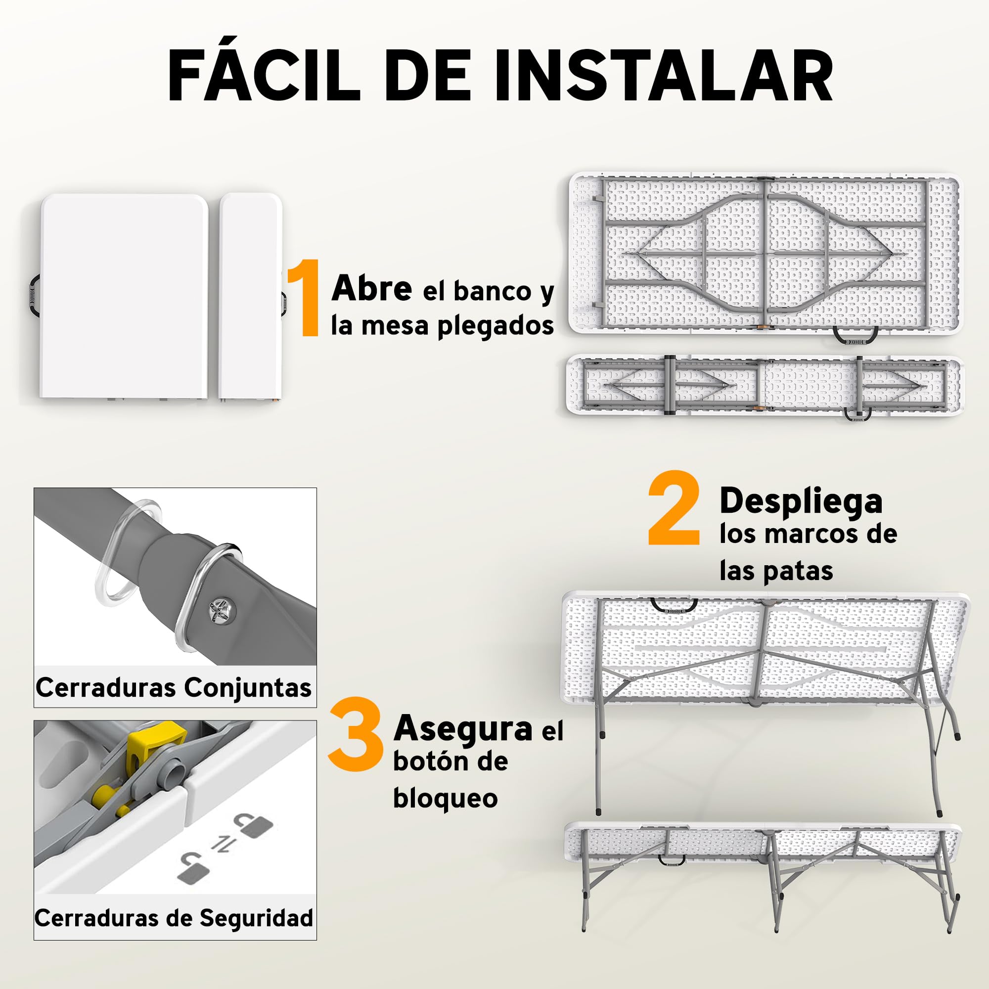 Outsunny Conjunto de Camping Plegable de 3 Piezas, Mesa Plegable Camping con Bancos, Incluye 1 Mesa de Camping 180x74x74 cm y 2 Bancos, Asas, Impermeable, para Acampadas, Jardín, Pícnic, Blanco