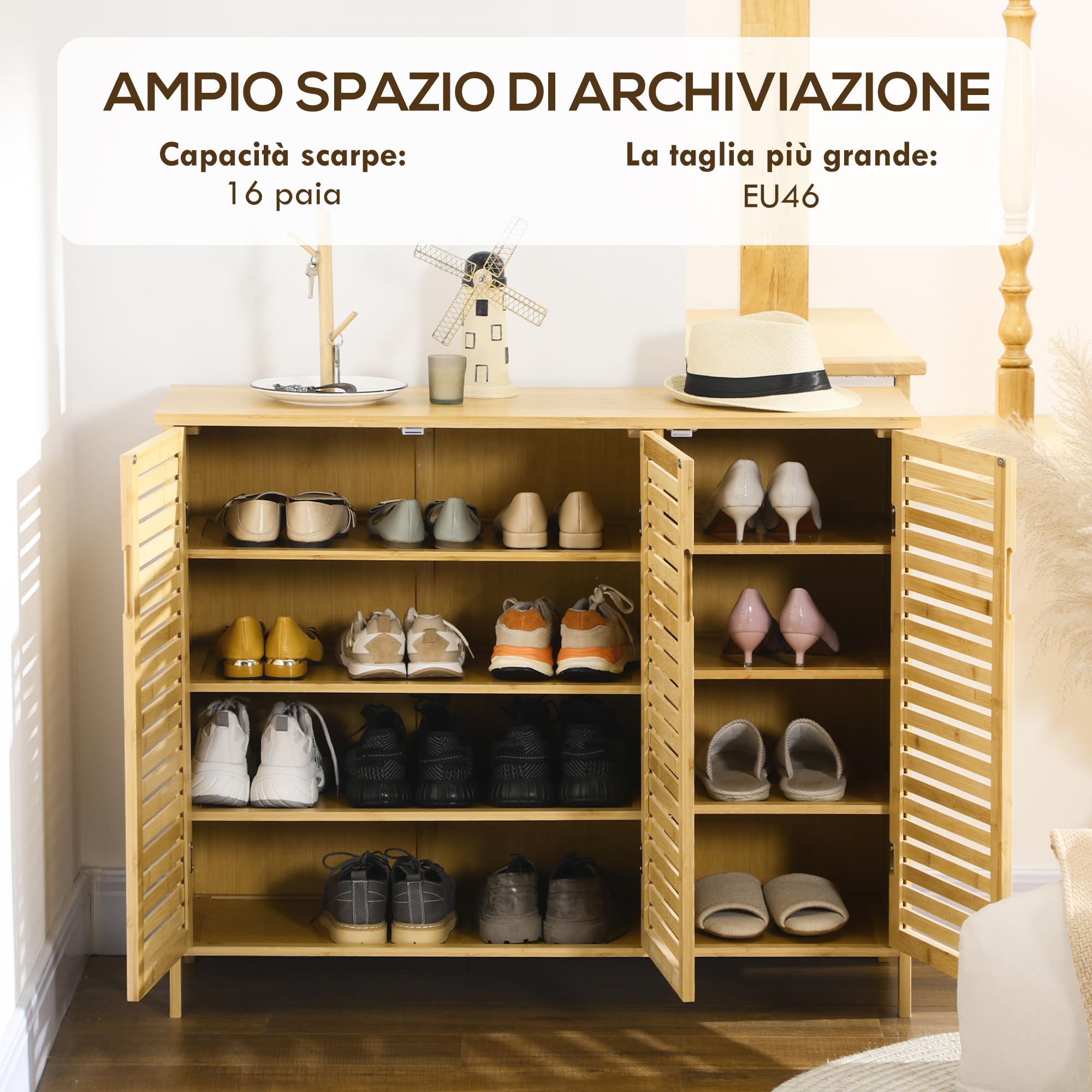 HOMCOM Scarpiera a 8 Ripiani su 3 Livelli con Maniglie, Mobile Scarpiera in Bambù per Soggiorno e Ingresso, 100x35x80 cm, Colore Legno