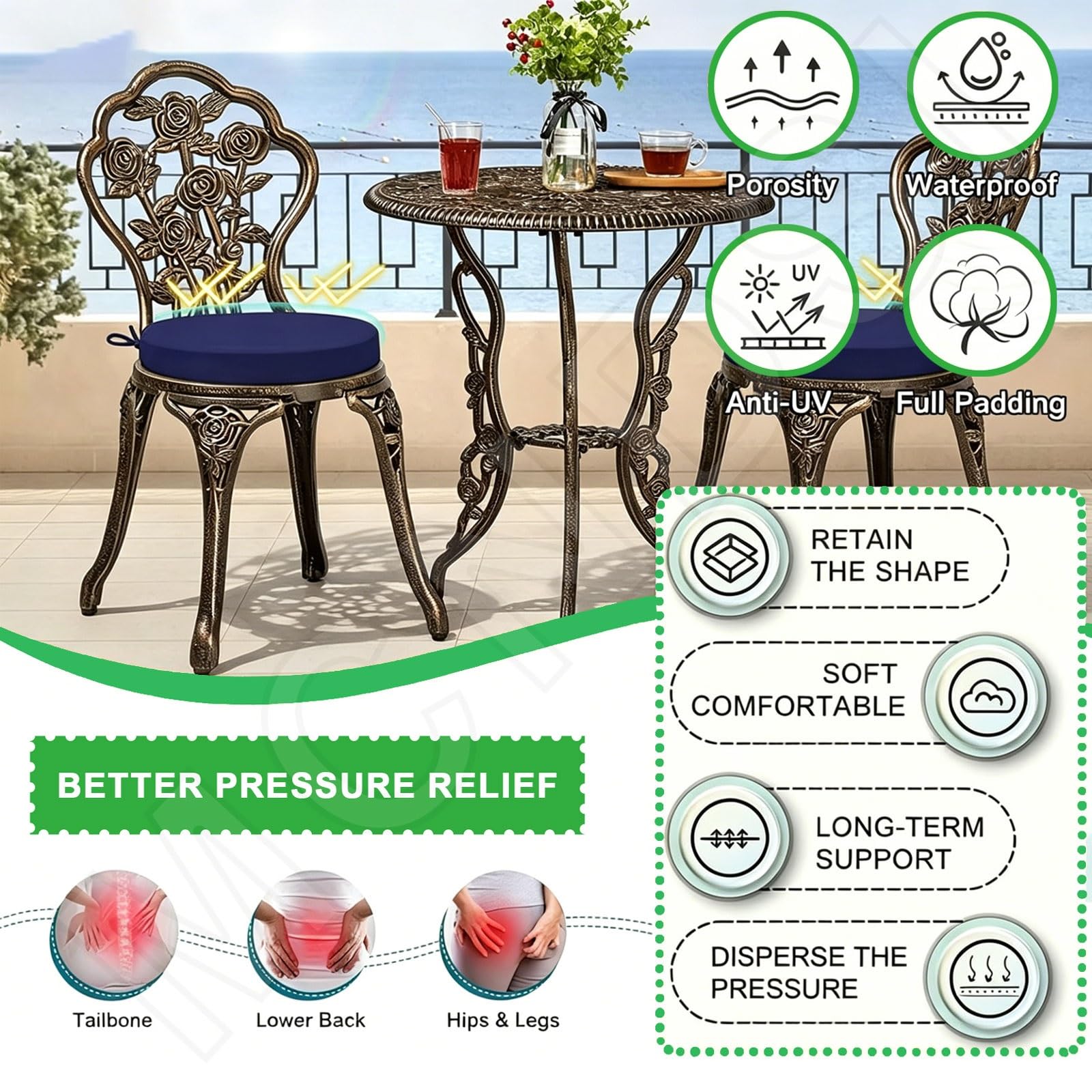 Set di cuscini rotondi impermeabili per sedie da esterni, 1/2/4/6-50/40/35 cm di spessore, 5/8 cm, con lacci, per patio, cucina, sala da pranzo, prato, colore 13 (2 pezzi, 45 x 8 cm)