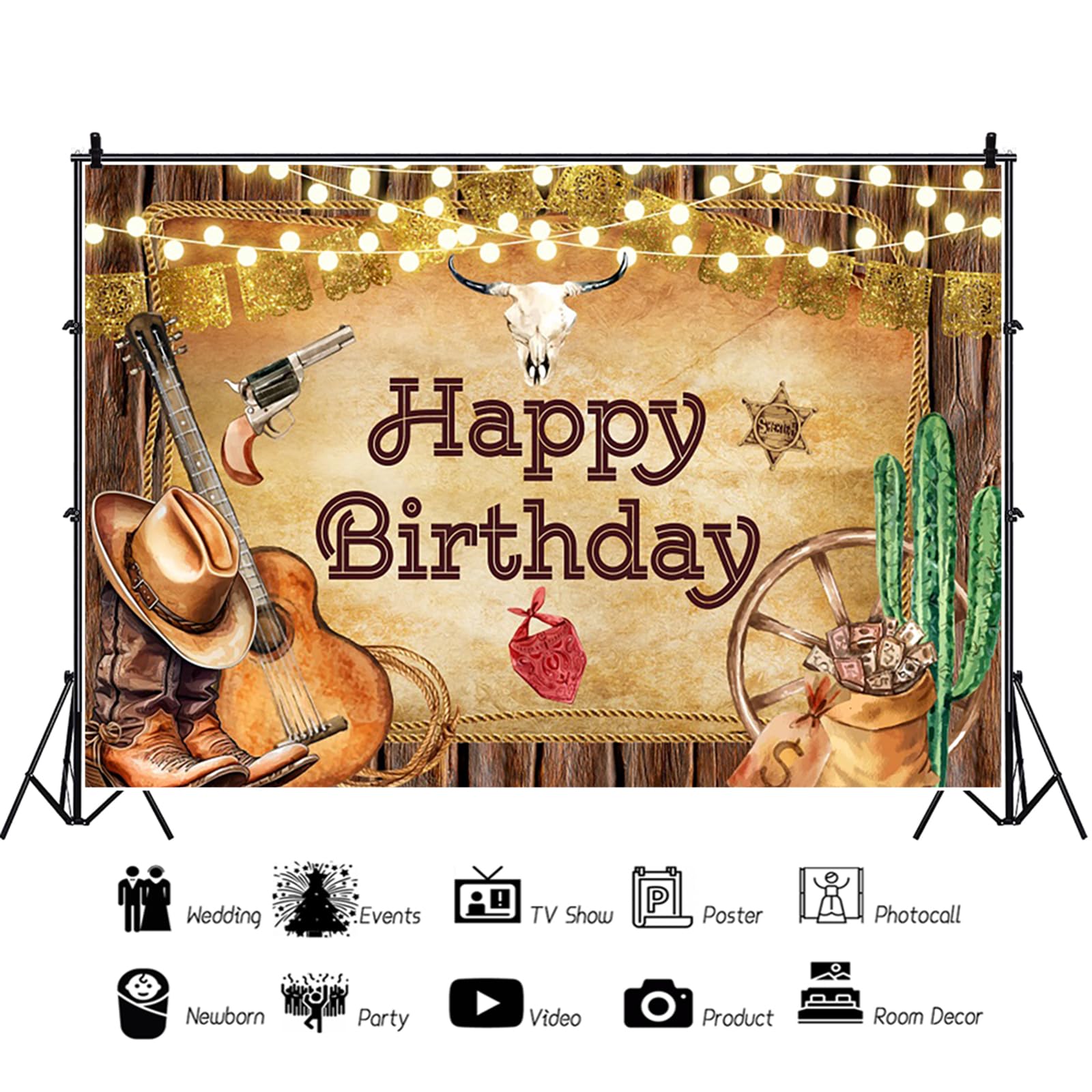 Sfondo Per Compleanno Western 2.5x1.8m, Tema Cowboy Con Cactus E Testa Di Mucca, Decorazione Per Feste In Vinile